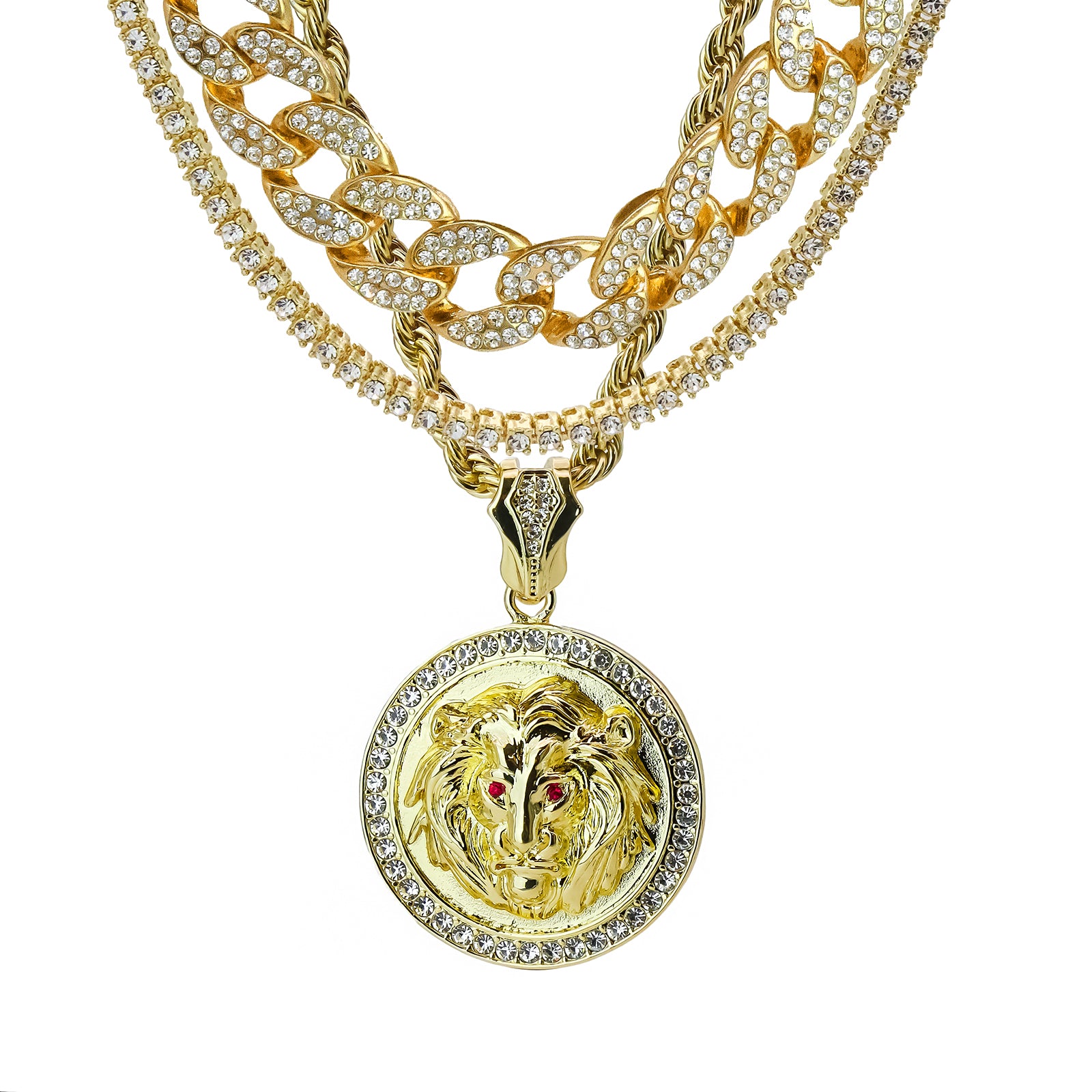 Round Lion Face Red Eye 4 Pcs Set Clear Cz Cuban, Tennis & Rope Chain Bundle Gold PT