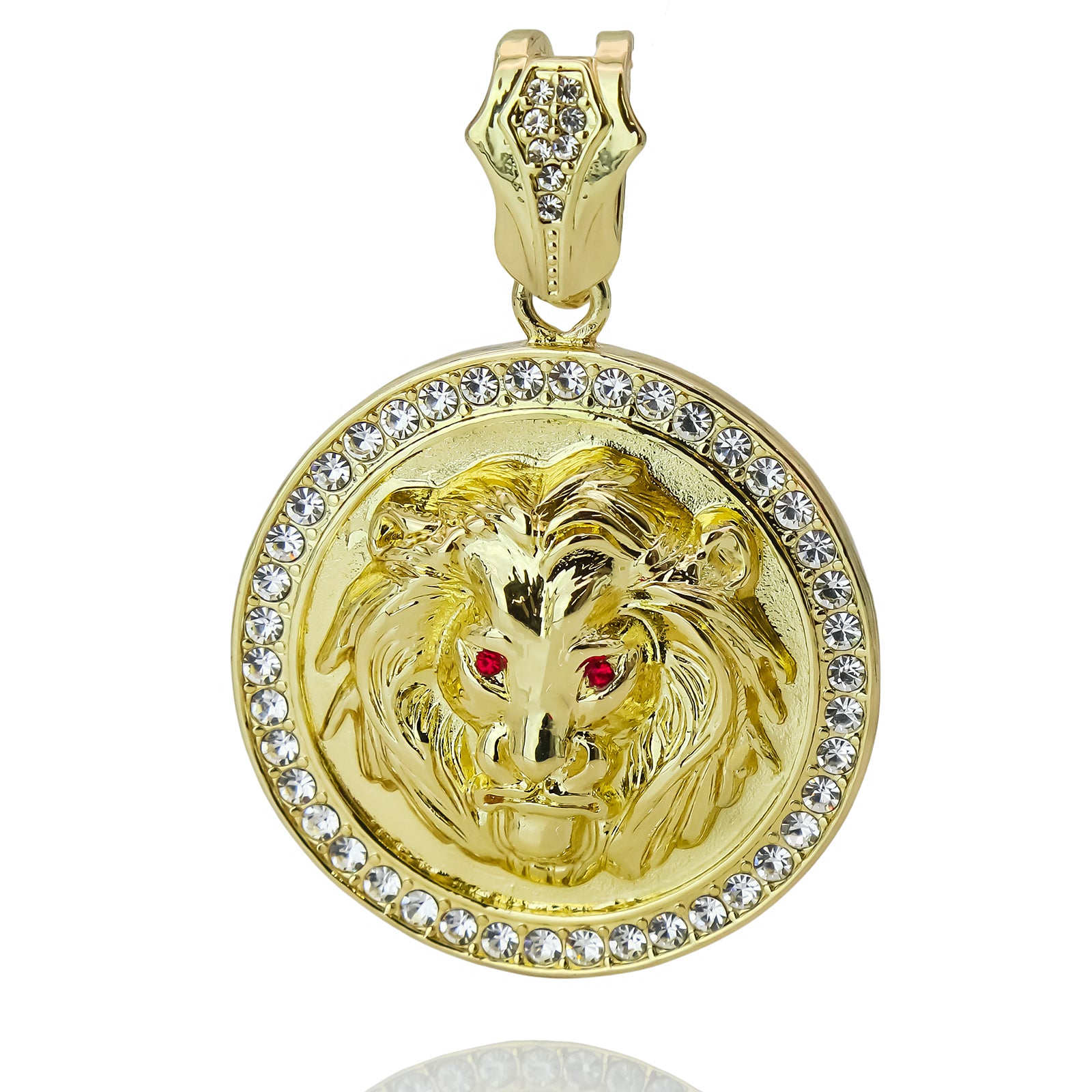Round Lion Face Red Eye 4 Pcs Set Clear Cz Cuban, Tennis & Rope Chain Bundle Gold PT