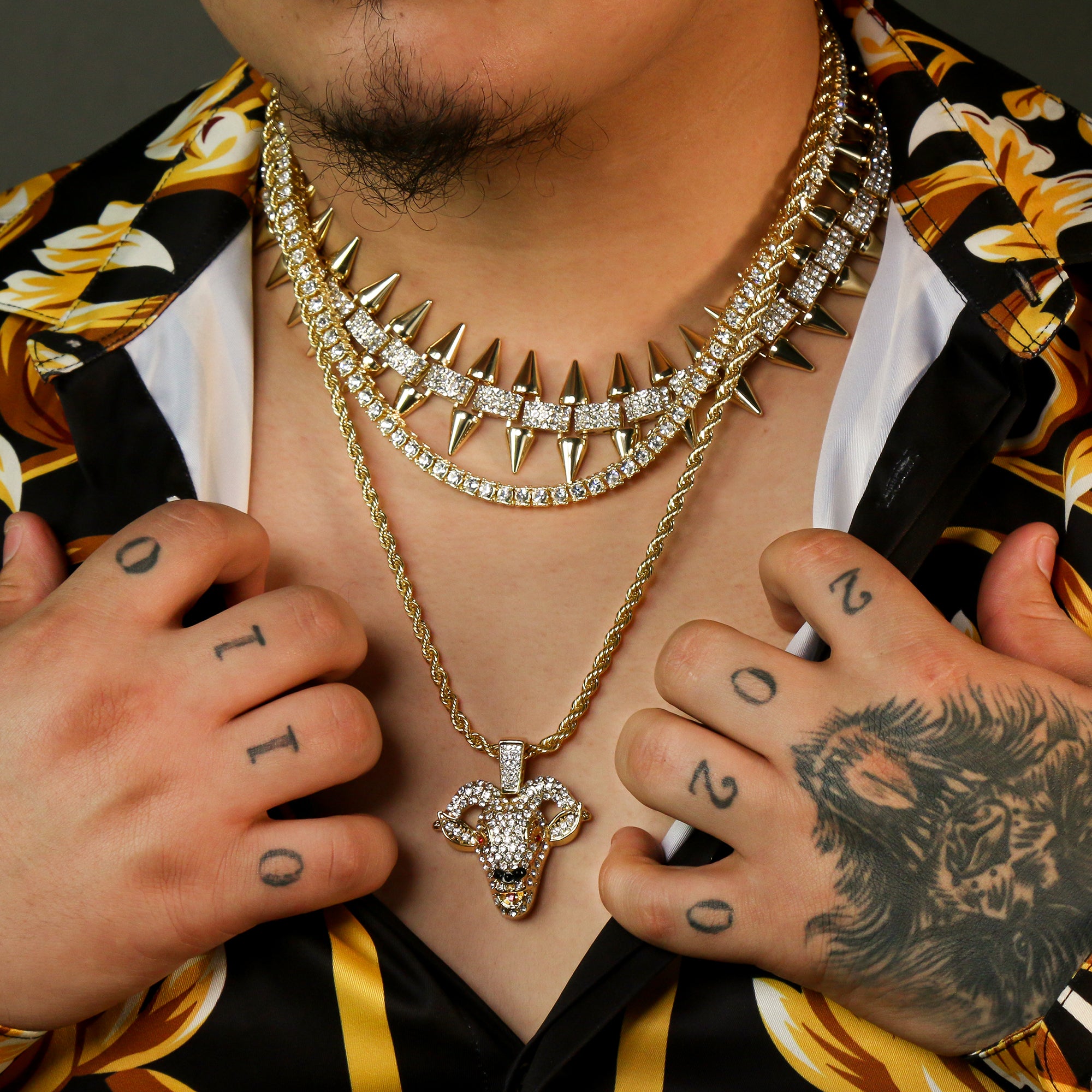 High Fashion Gold Plated AAA Spiky Tennis Chains & Cz Goat Head Red Eyes Pendant