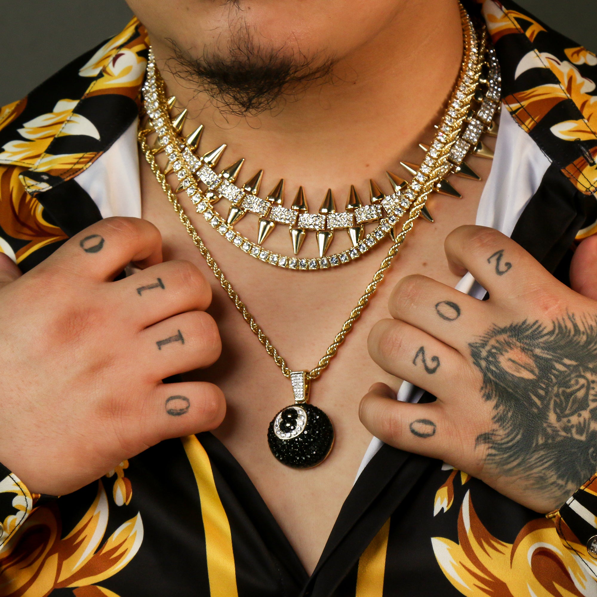 High Fashion Gold Plated AAA Spiky Chain Tennis Chains & Cz #8 Ball Pendant