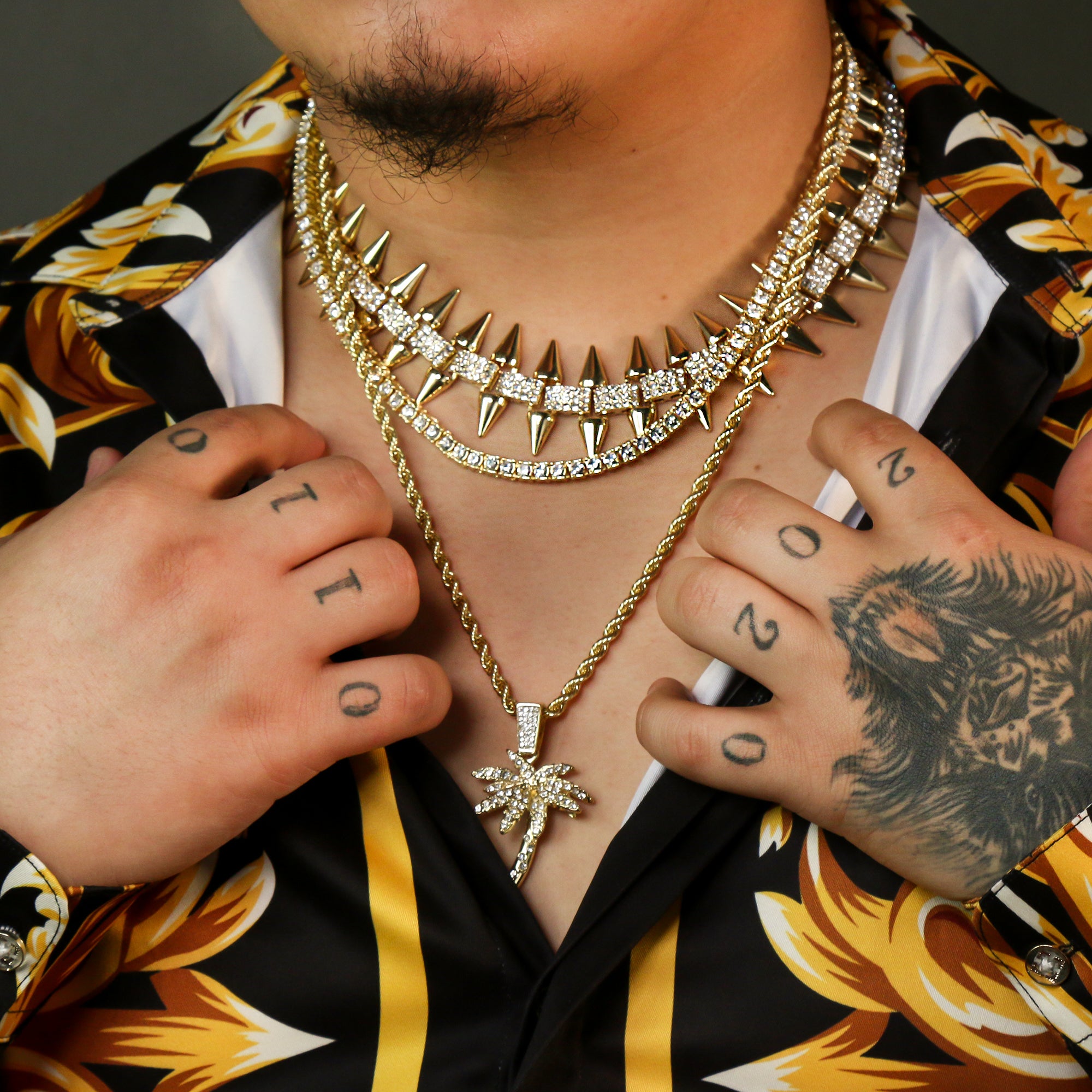High Fashion Gold Plated AAA Spiky Chain Tennis Chains & Cz West Coast Palm Tree Pendant