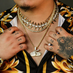 High Fashion Gold Plated AAA Spiky Chain Tennis Chains & Cz No Limit Tank Pendant