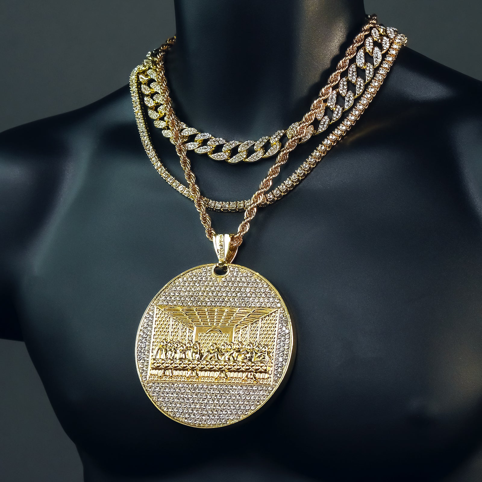 4PC Set β Huge Round Last Supper Pendant with Gold CZ Cuban, Tennis & Rope Chains