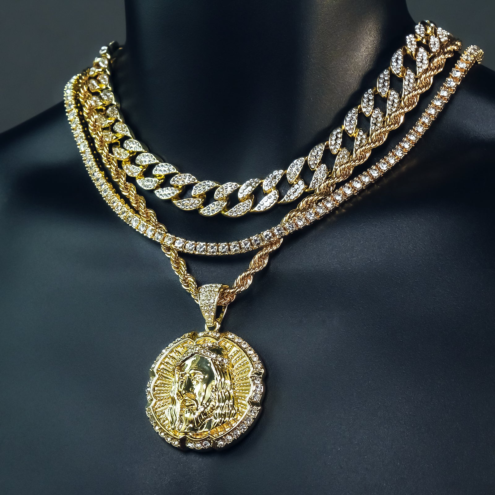 Round Jesus Piece 4 Pcs Set Clear Cz Cuban, Tennis & Rope Chain Bundle Gold PT