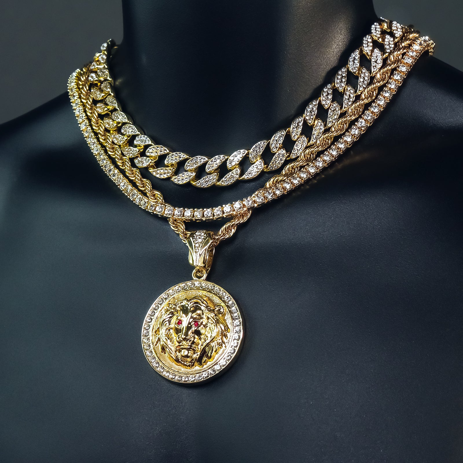 Round Lion Face Red Eye 4 Pcs Set Clear Cz Cuban, Tennis & Rope Chain Bundle Gold PT