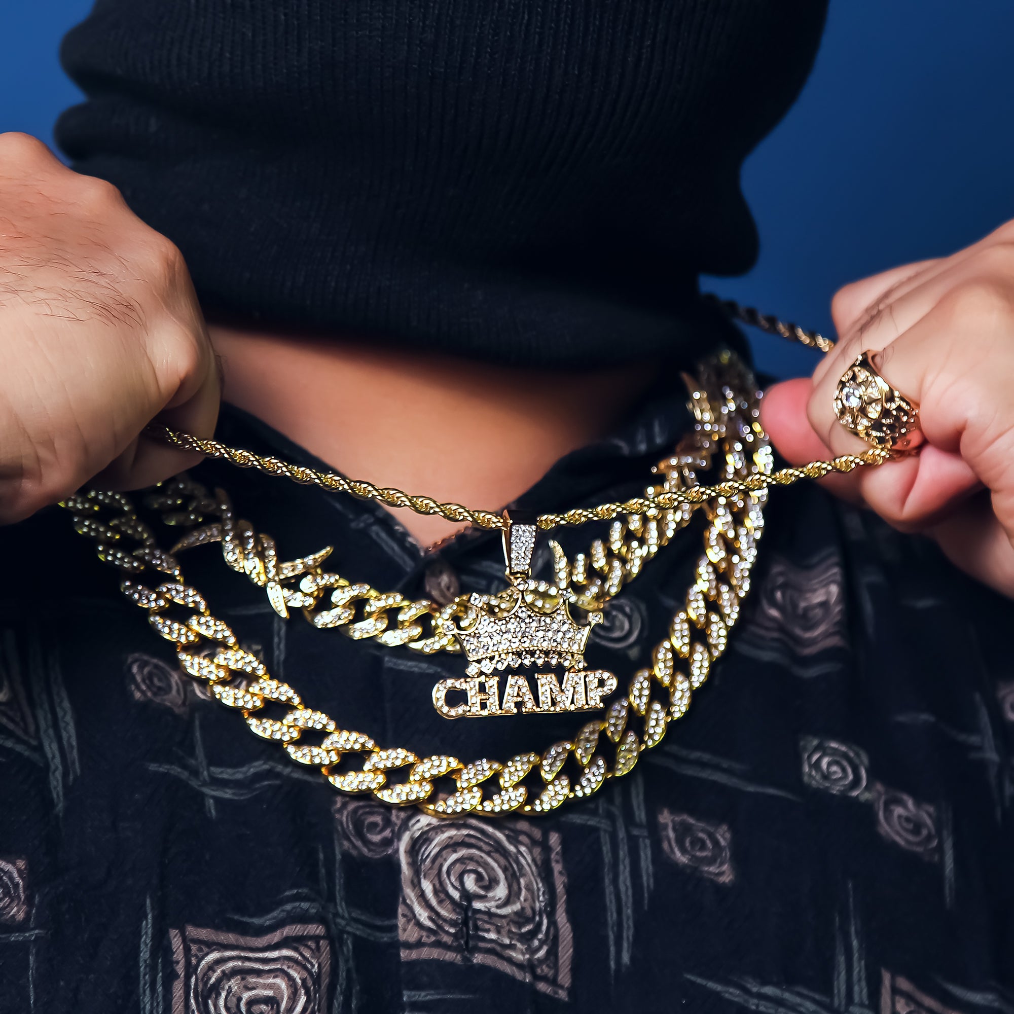 Crown Champ Pendant Rope Chain Men's Hip Hop 18k Cz Jewelry Necklace