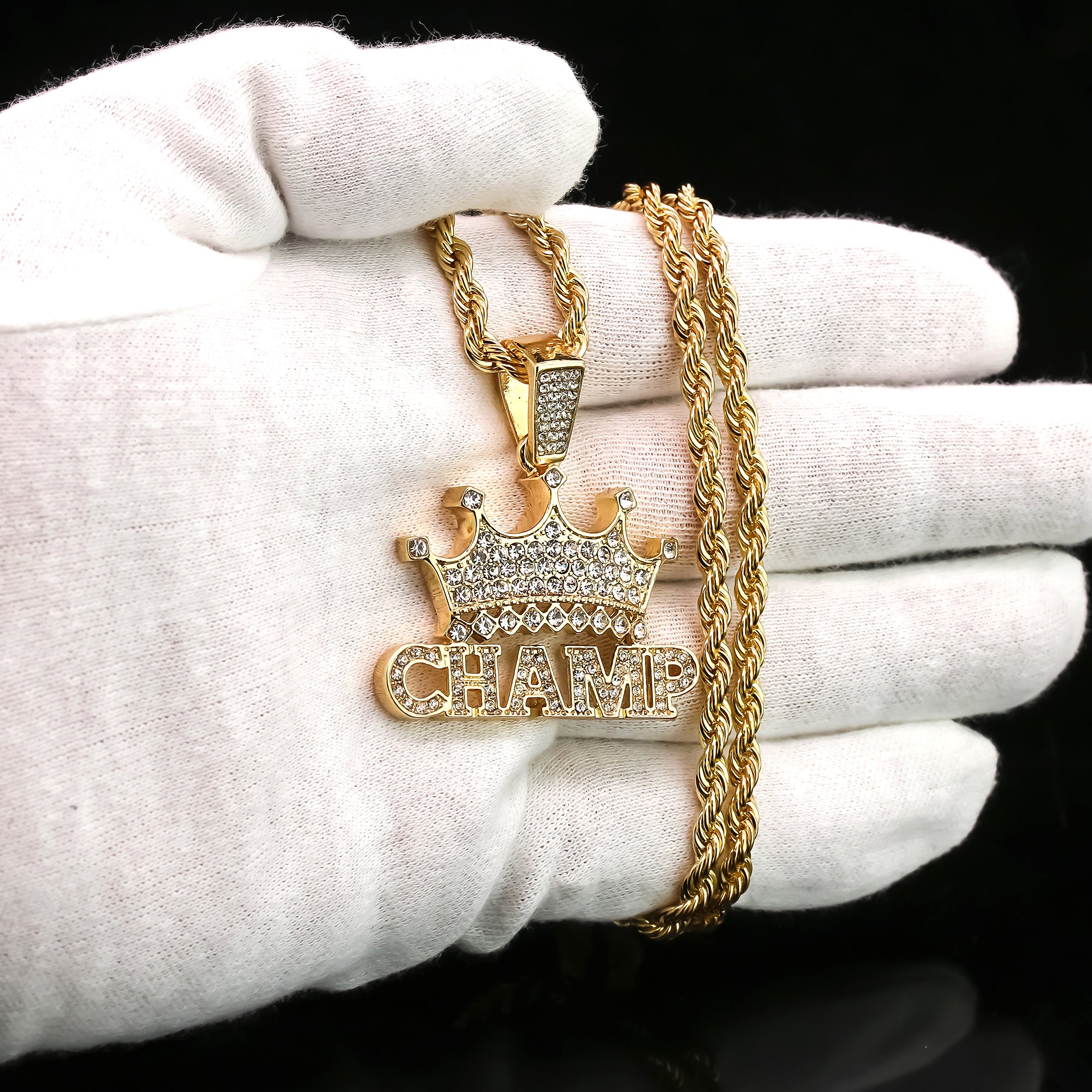 Crown Champ Pendant Rope Chain Men's Hip Hop 18k Cz Jewelry Necklace