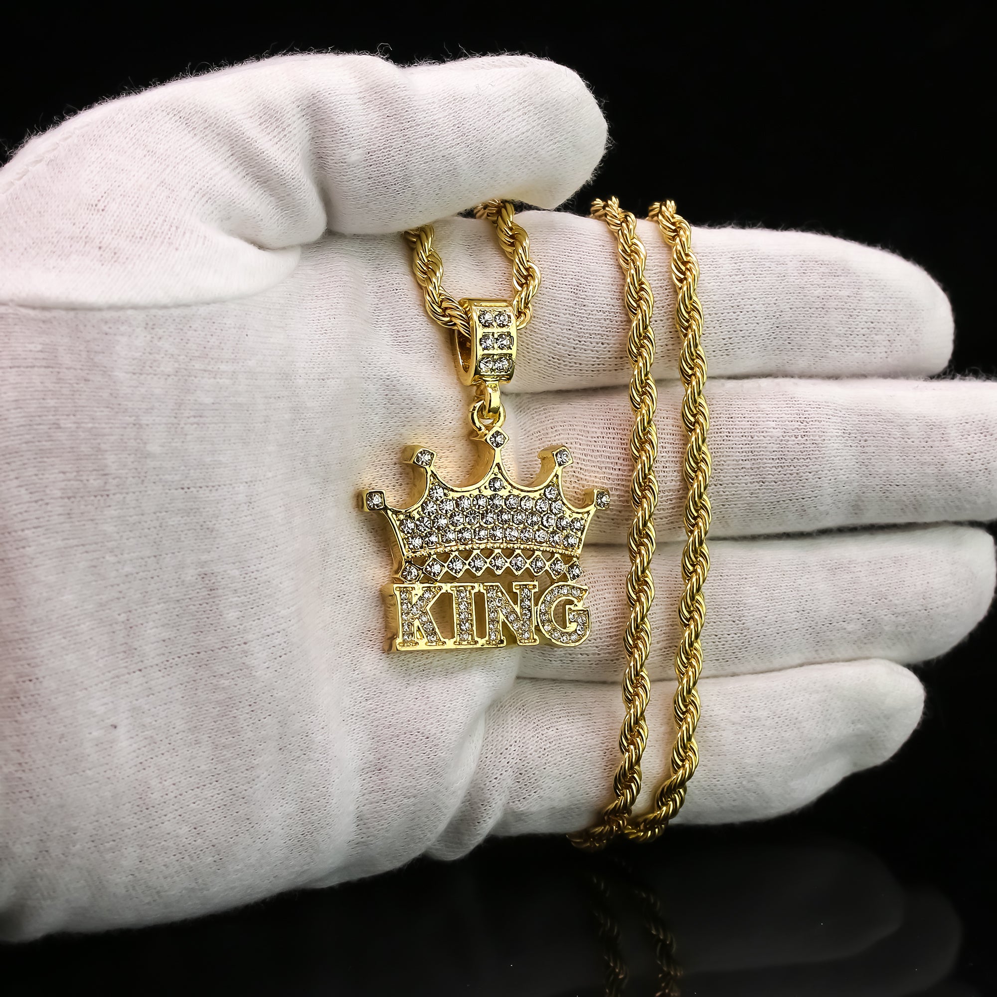Crown King Pendant Rope Chain Men's Hip Hop 18k Cz Jewelry Necklace