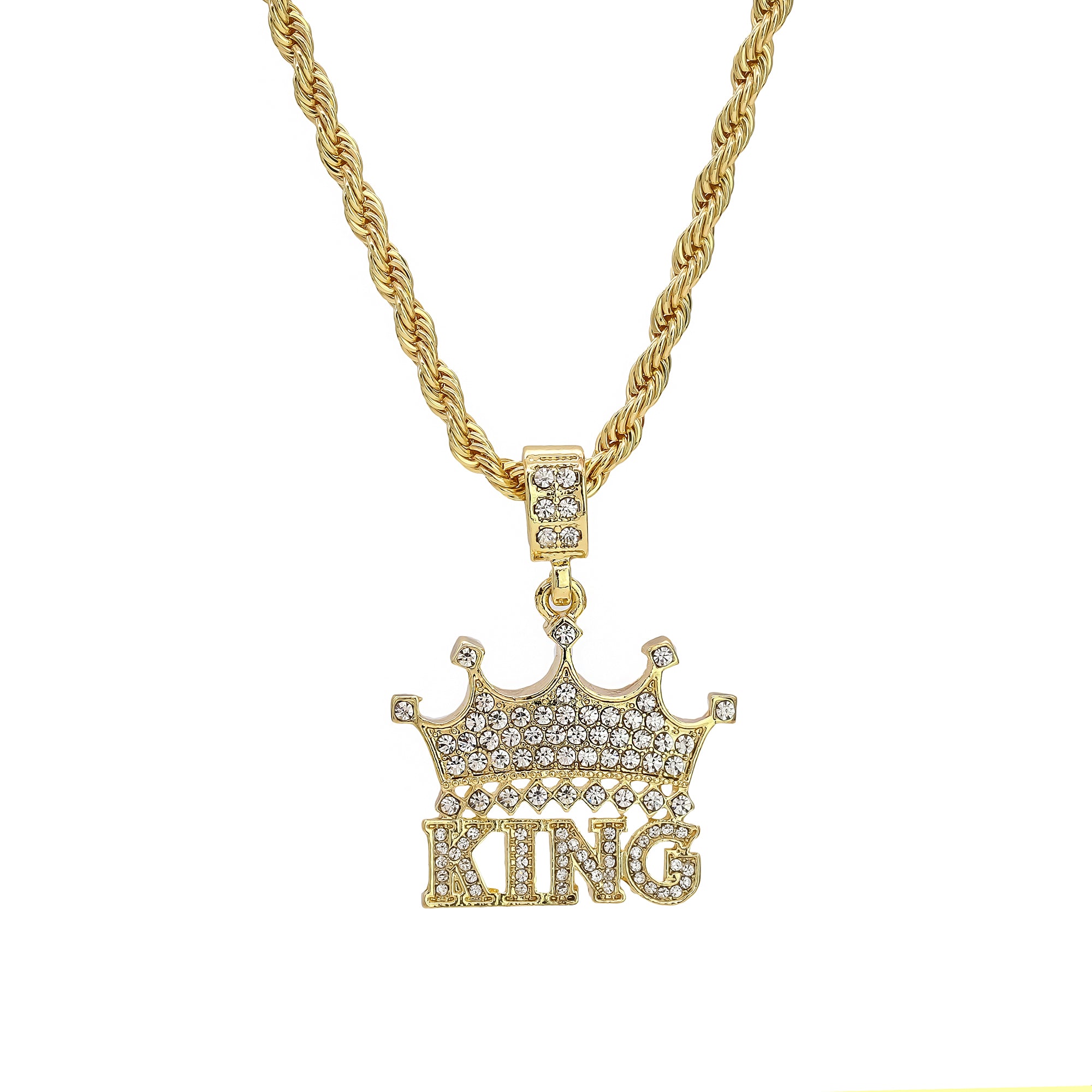 Crown King Pendant Rope Chain Men's Hip Hop 18k Cz Jewelry Necklace