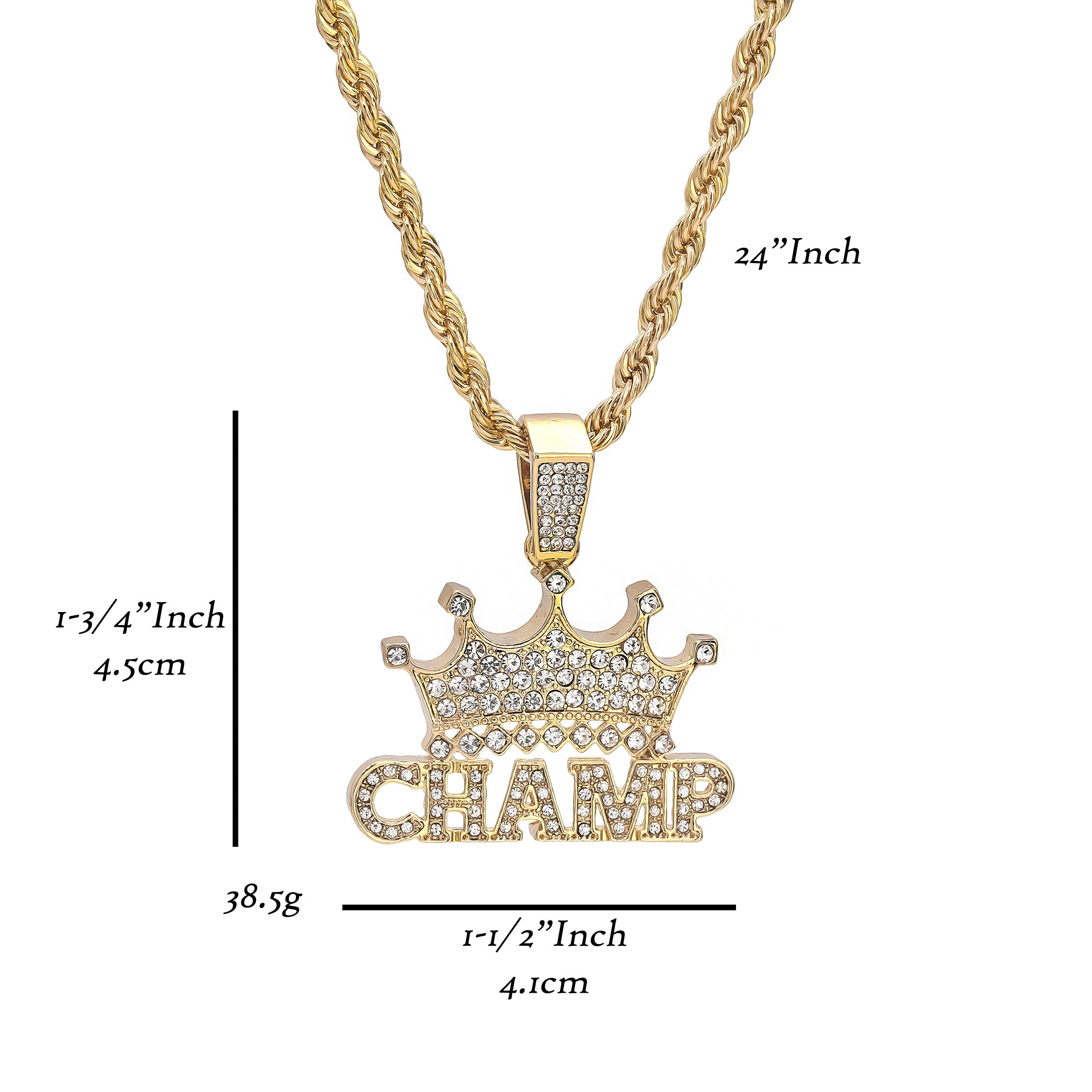 Crown Champ Pendant Rope Chain Men's Hip Hop 18k Cz Jewelry Necklace