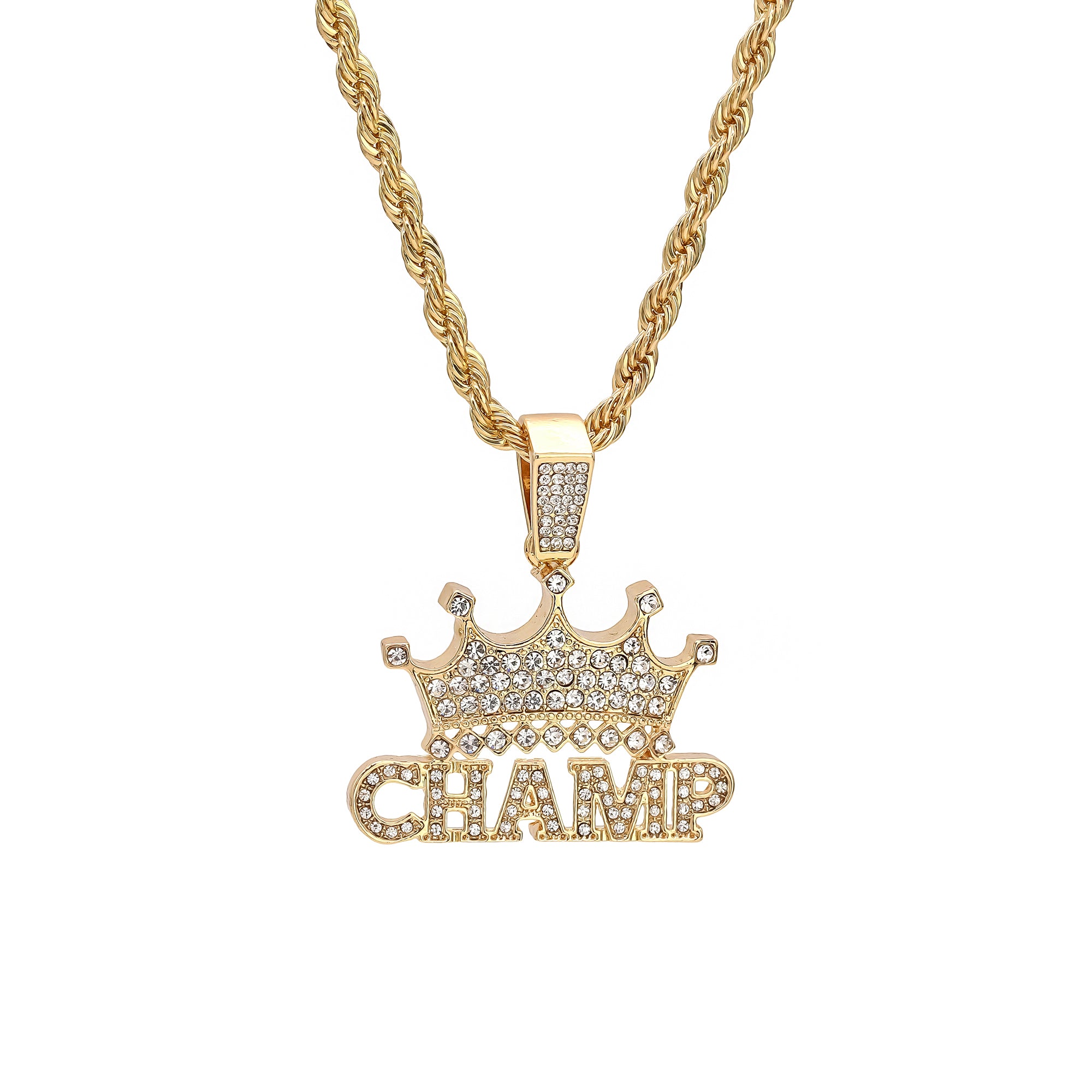 Crown Champ Pendant Rope Chain Men's Hip Hop 18k Cz Jewelry Necklace