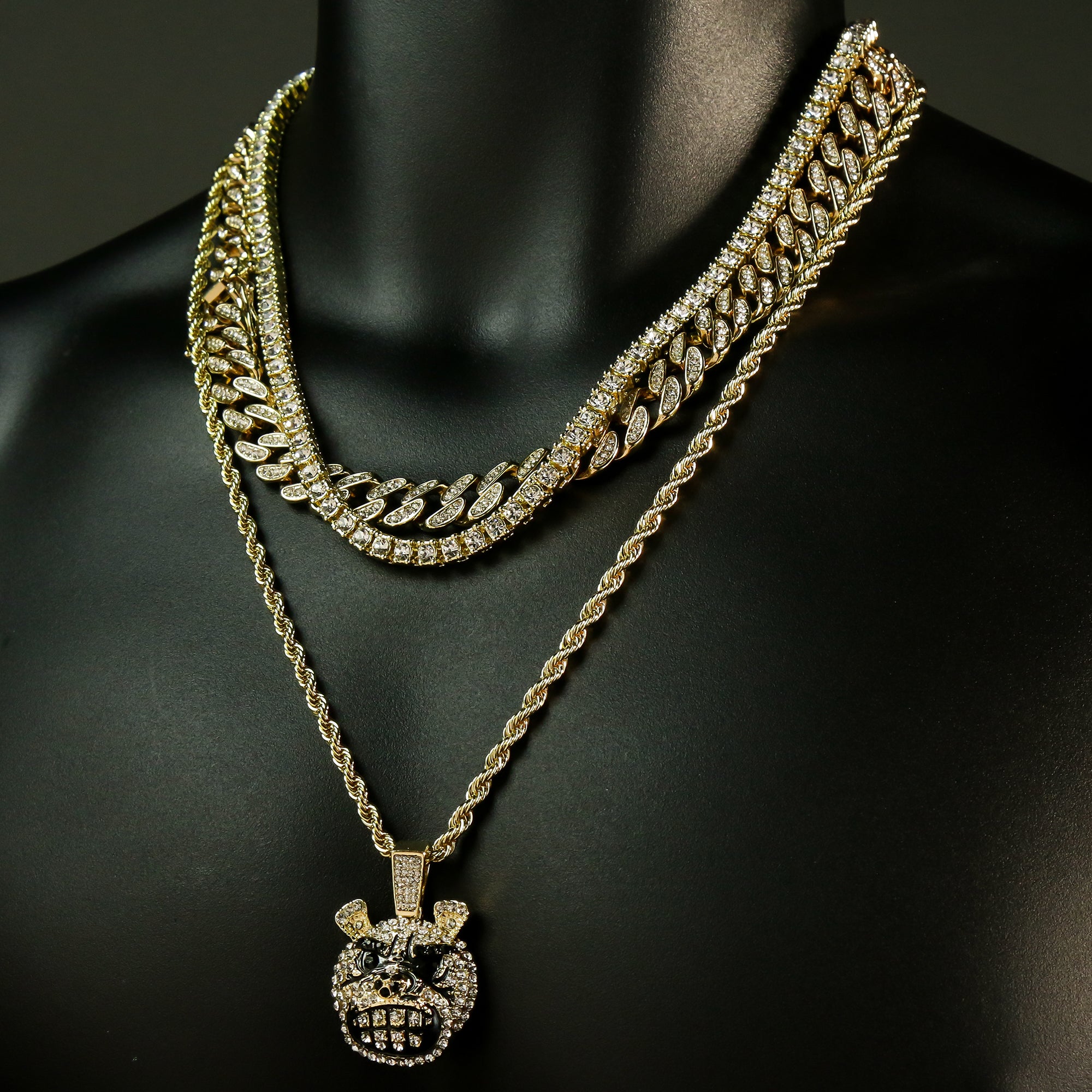 High Fashion Gold Plated 20" Fully Cz Cuban Choker Tennis Chains & Mad Face Dog Pendant