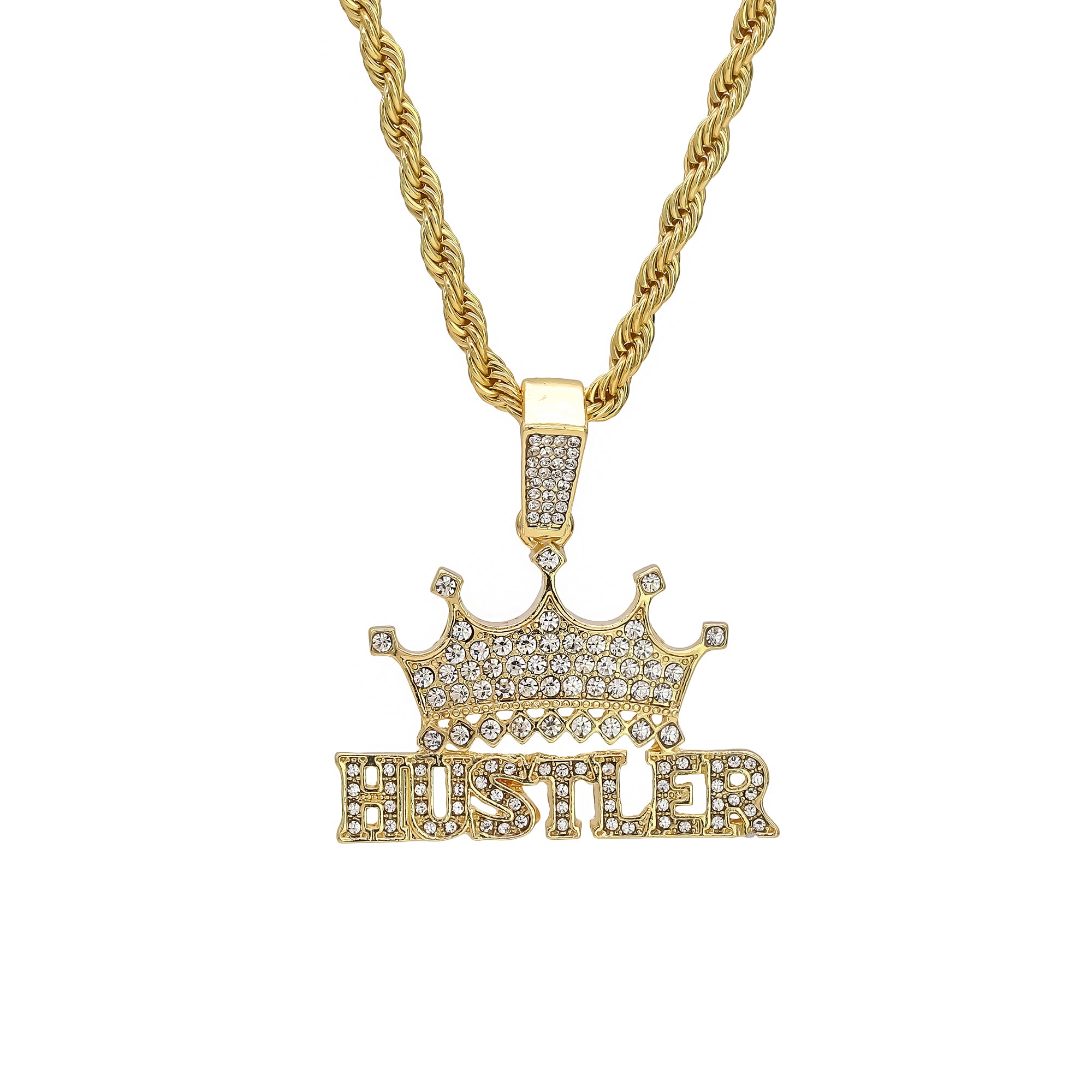 Crown Hustler Pendant Rope Chain Men's Hip Hop 18k Cz Jewelry Necklace