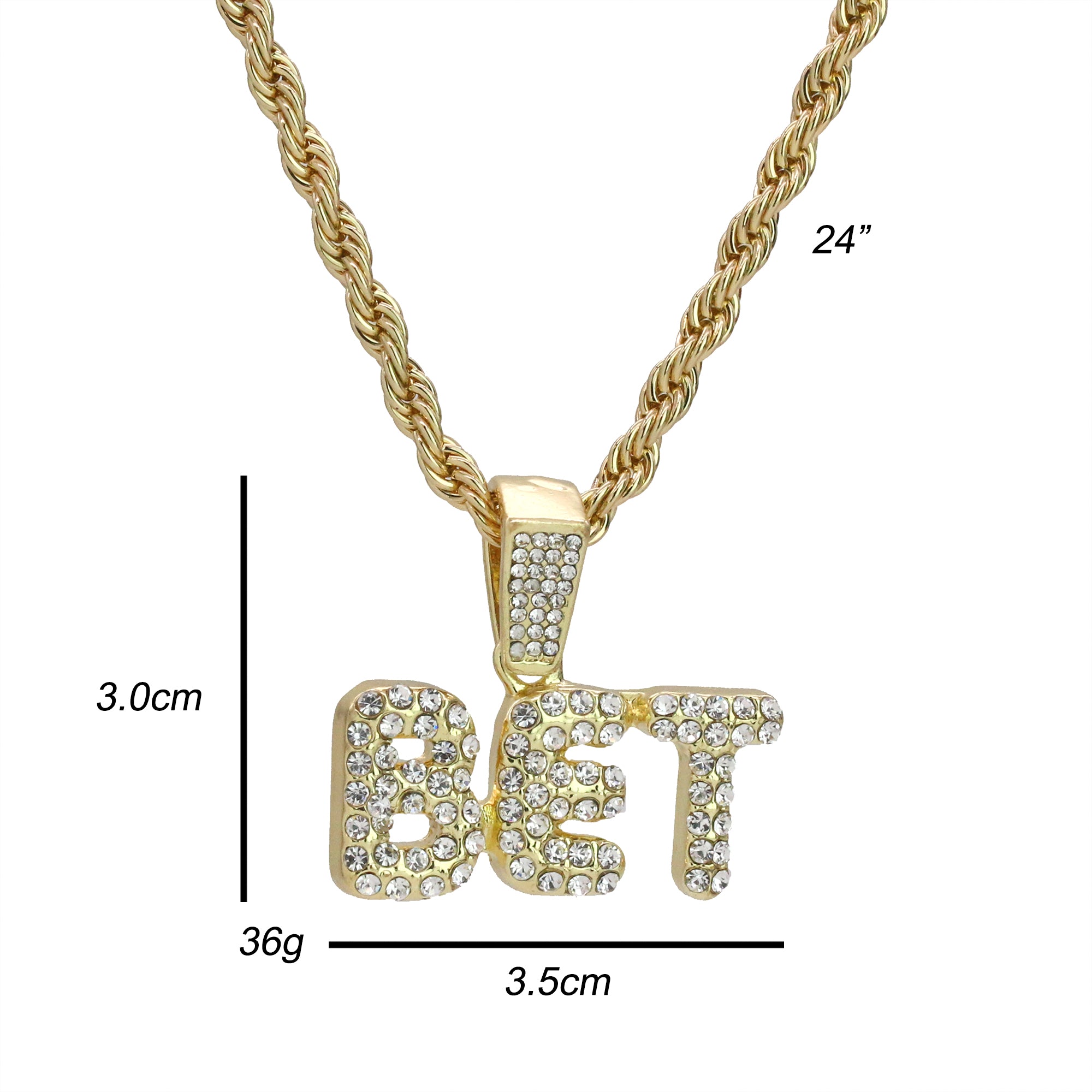 BET Letter Pendant Rope Chain Men's Hip Hop 18k Cz Jewelry Choker Necklace
