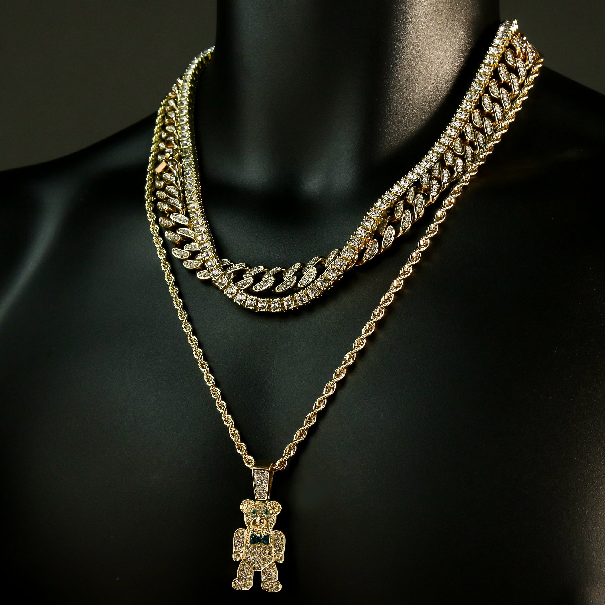 High Fashion Gold Plated 20" Fully Cz Cuban Tennis Chains & Bear Tie Pendant