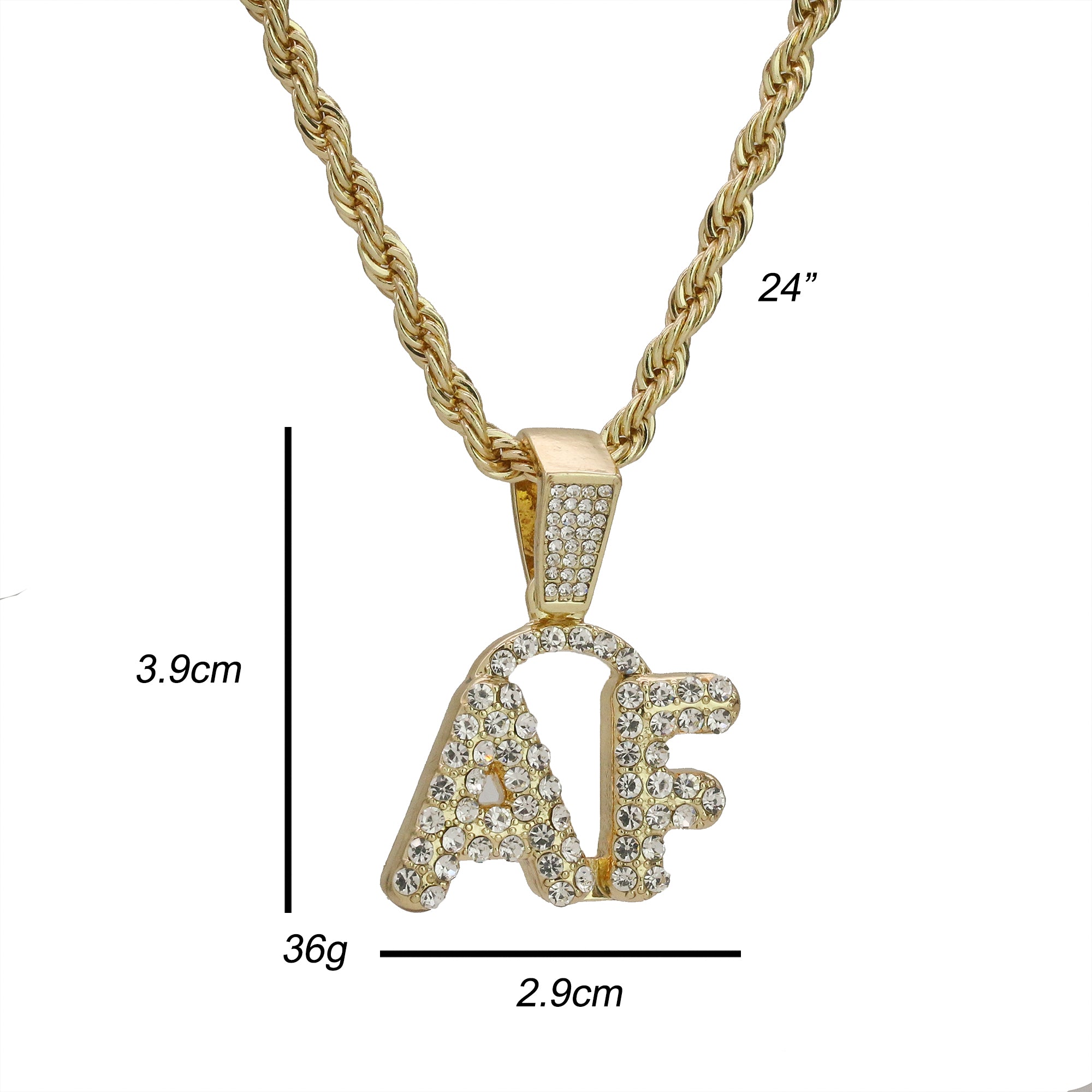 AF Curve Letter Pendant Rope Chain Men's Hip Hop 18k Cz Jewelry Necklace