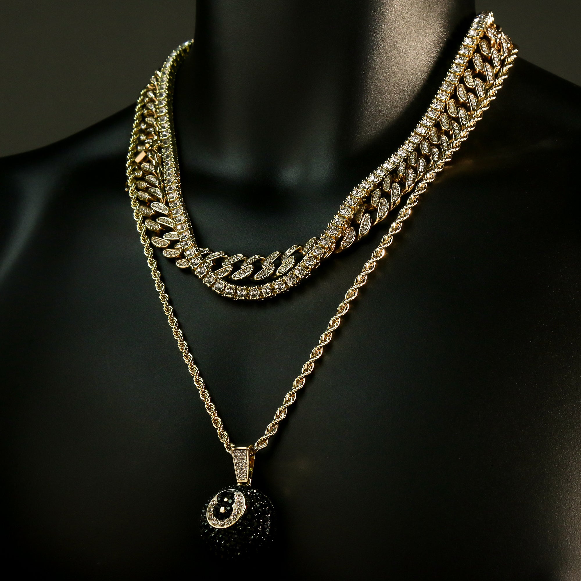 High Fashion Gold Plated 20" Fully Cz Cuban Tennis Chains & #8 Ball Pendant