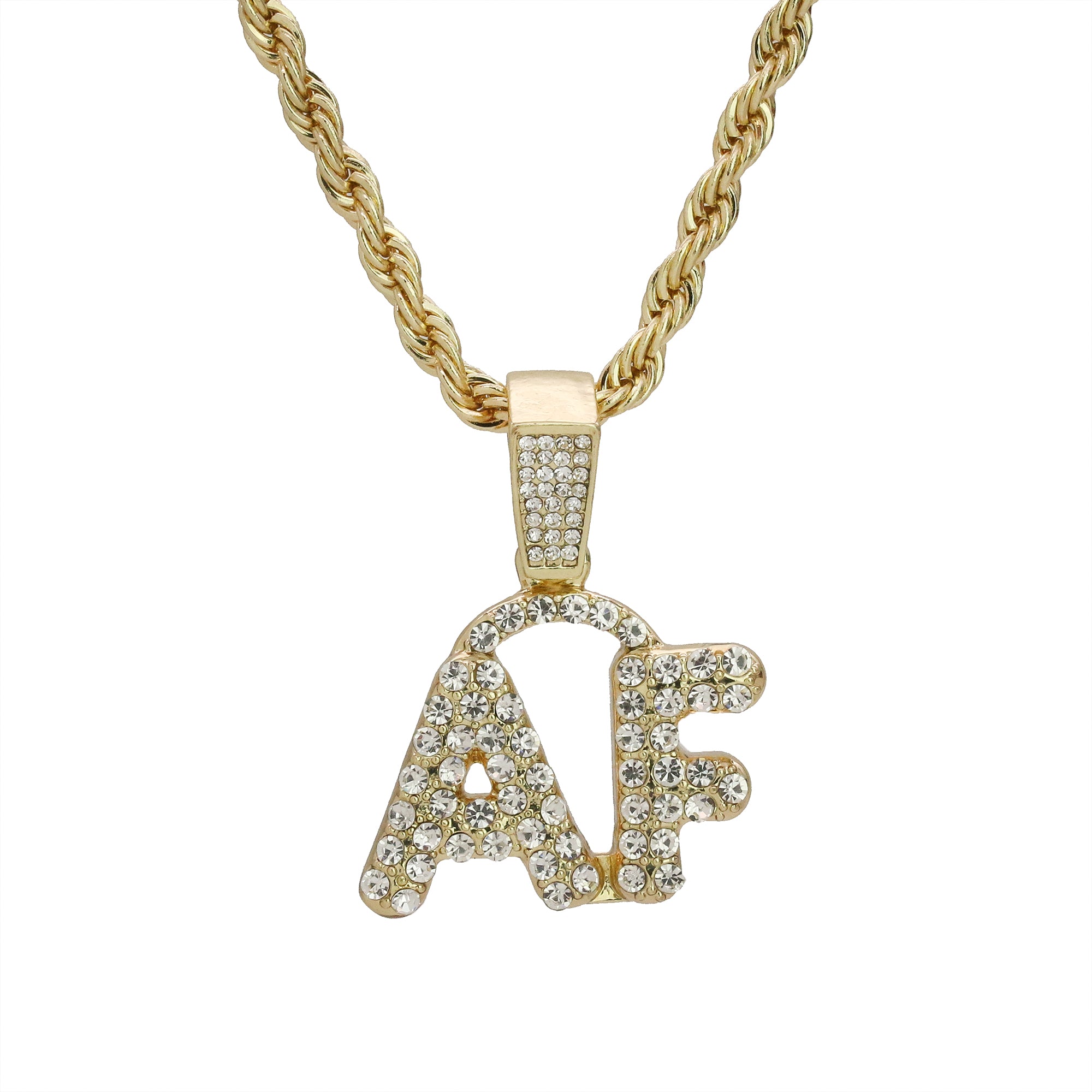 AF Curve Letter Pendant Rope Chain Men's Hip Hop 18k Cz Jewelry Necklace