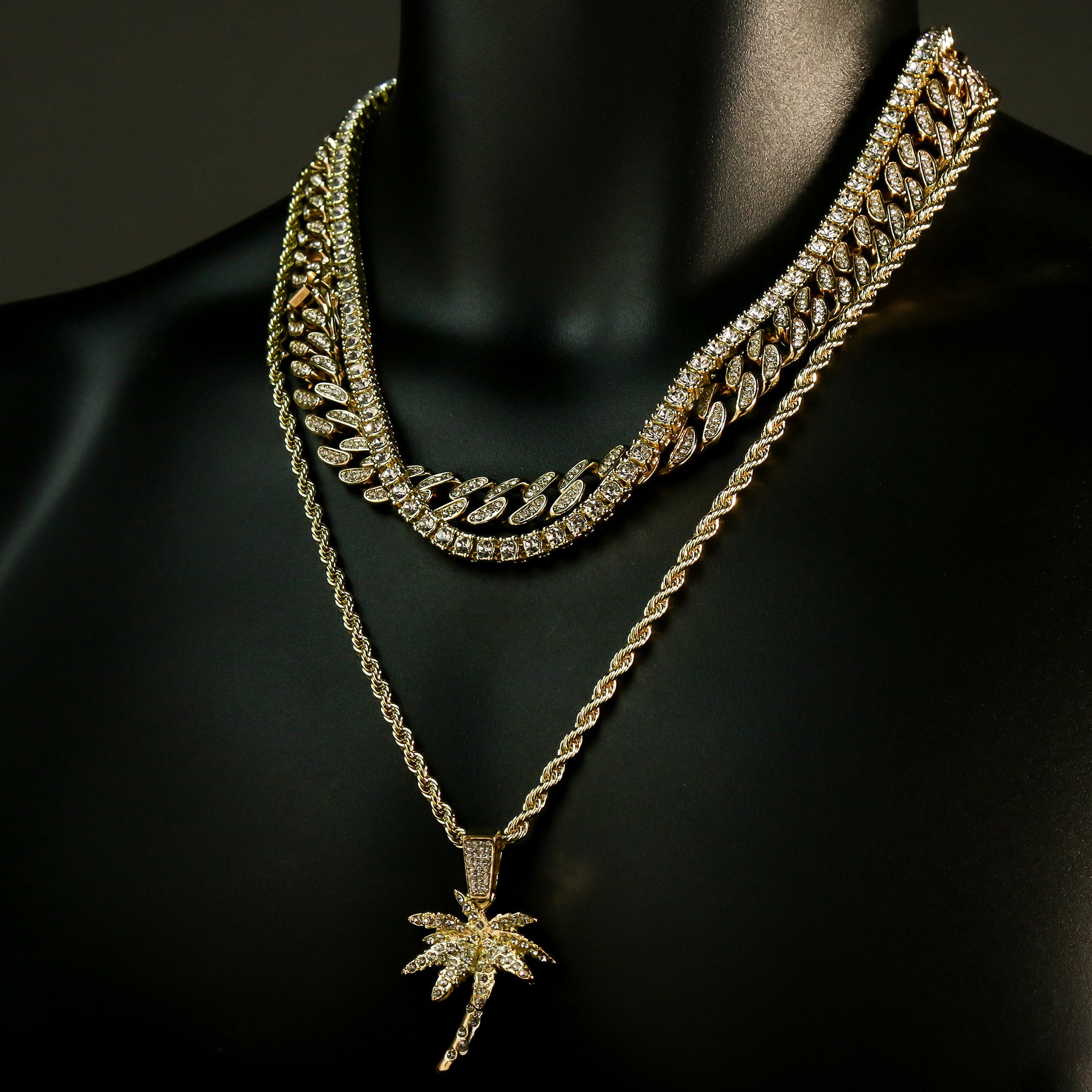 High Fashion Gold Plated 20" Fully Cz Cuban Tennis Chains & West Coast Palm Tree Pendant