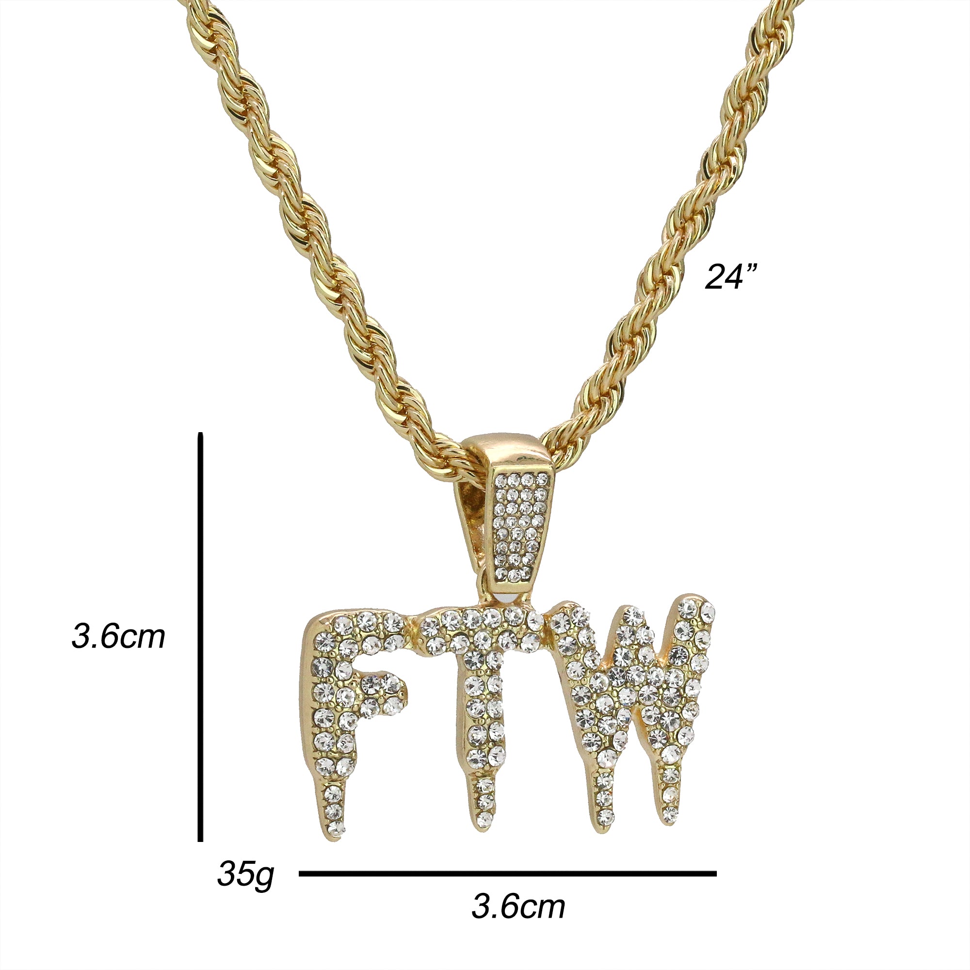 F.T.W Drip Letter Pendant Rope Chain Men's Hip Hop 18k Cz Jewelry Necklace