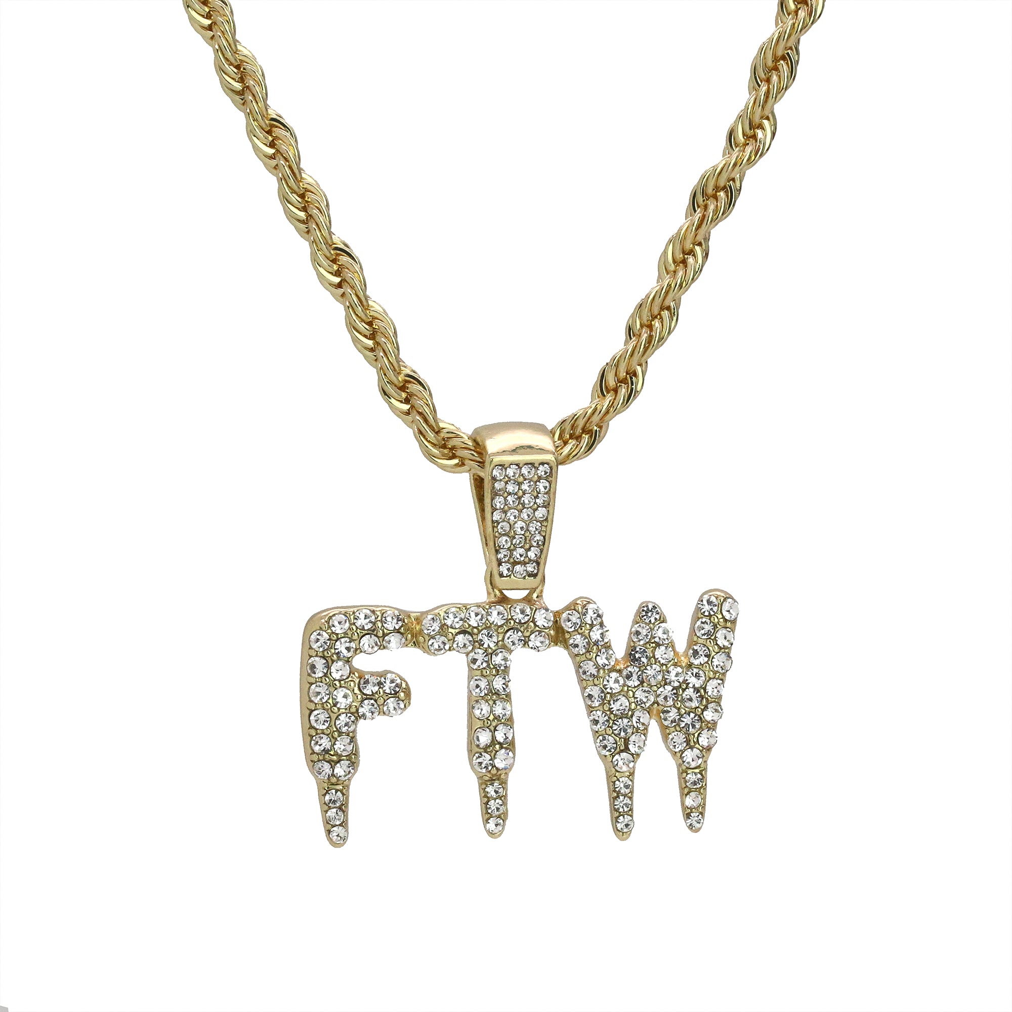F.T.W Drip Letter Pendant Rope Chain Men's Hip Hop 18k Cz Jewelry Necklace