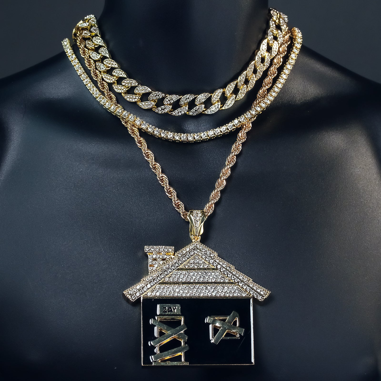 4PC Set – House BK Pendant with Gold CZ Cuban, Tennis & Rope Chains