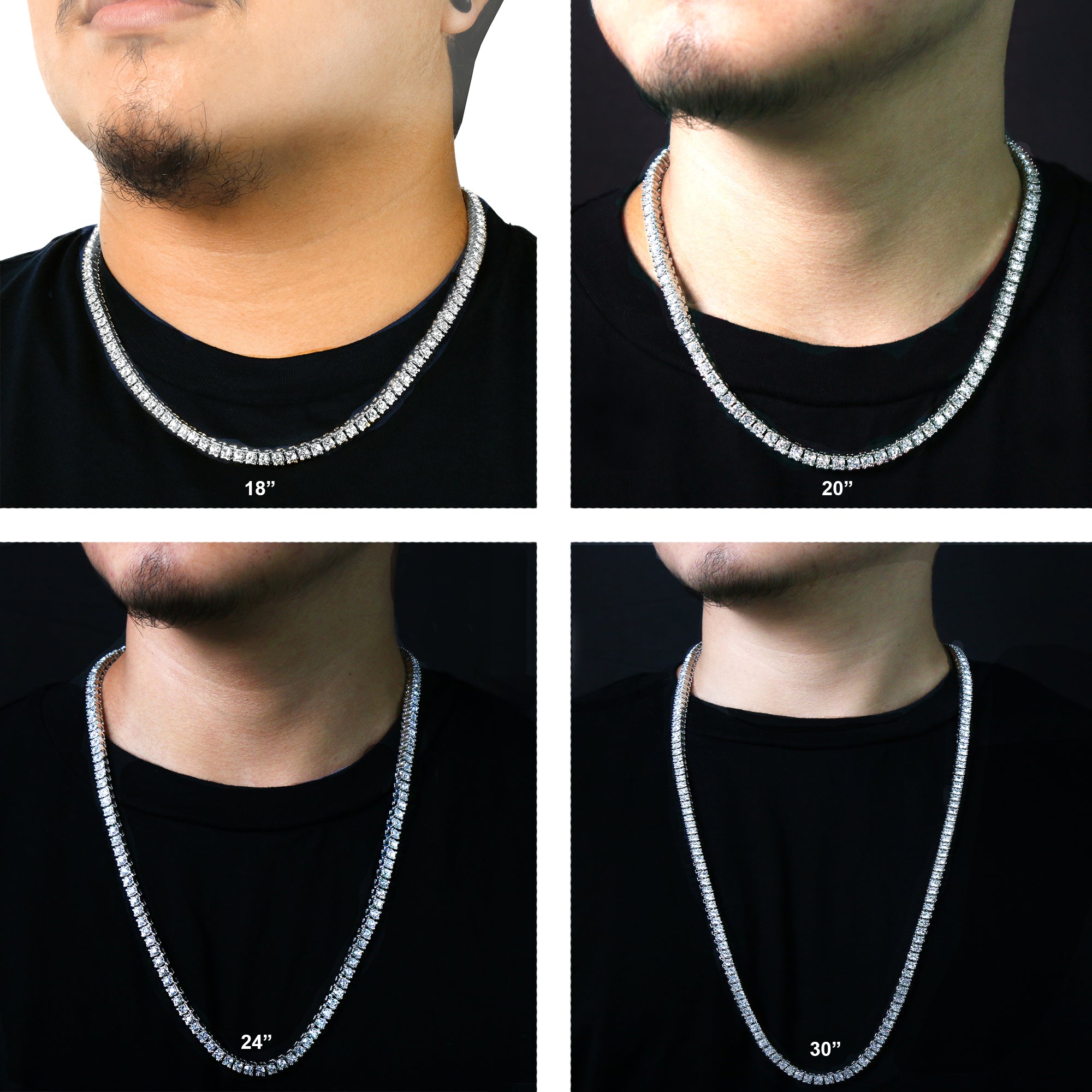 White GOLD TENNIS CHAIN 18" 20" 24" 30"