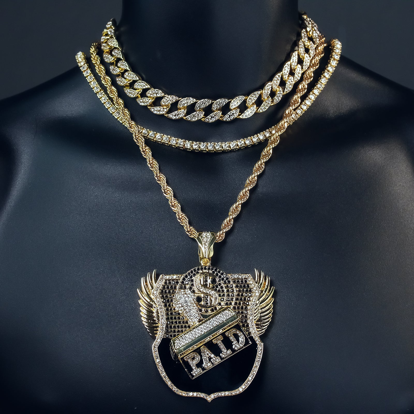 4PC Set – Paid Stamp Pendant with Gold CZ Cuban, Tennis & Rope Chains