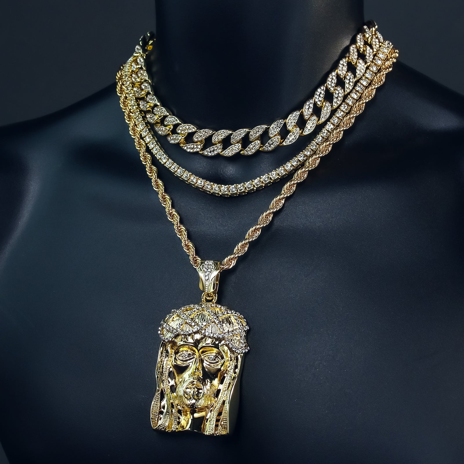 Jesus Face Crown 4 Pcs Set Clear Cz Cuban, Tennis & Rope Chain Bundle Gold PT