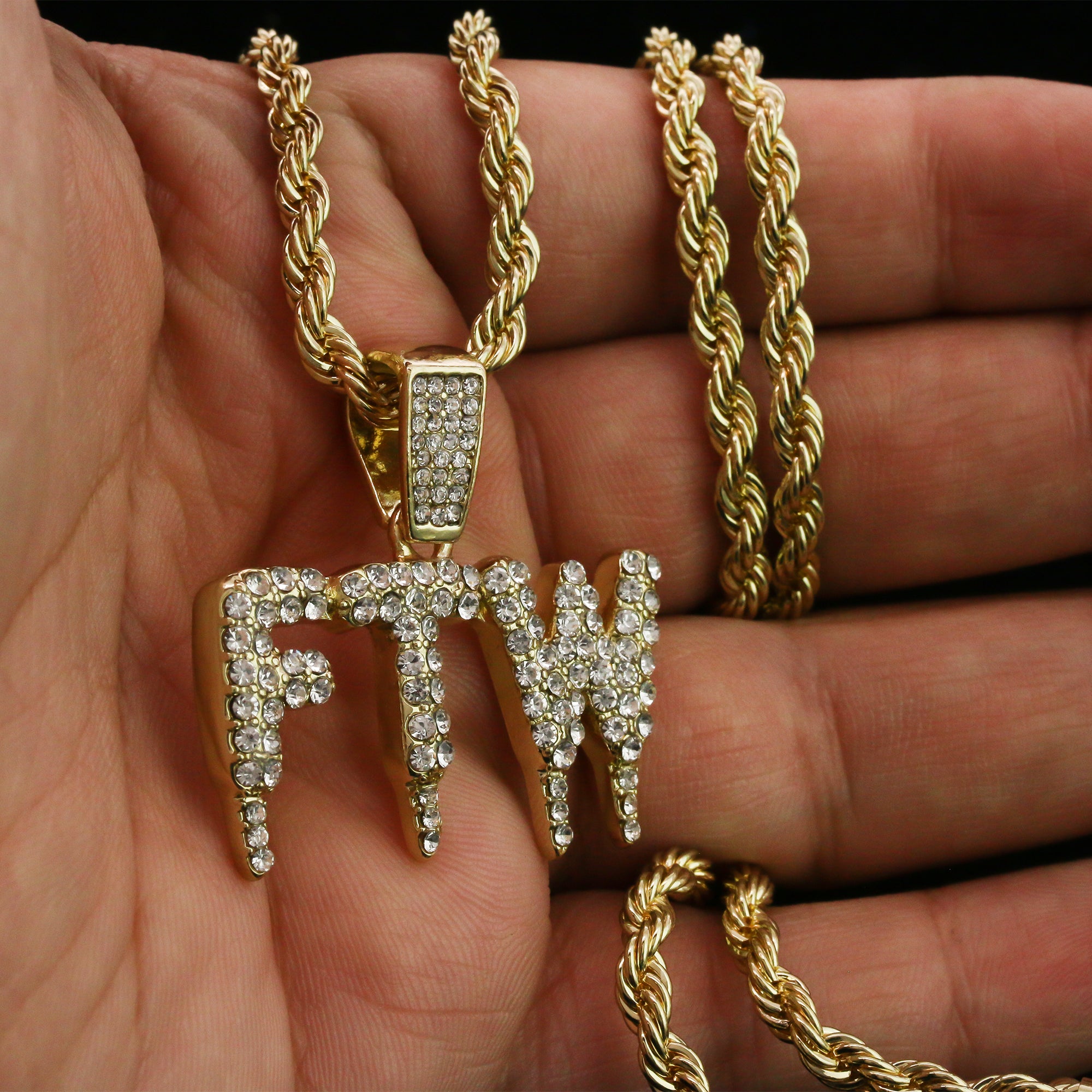 F.T.W Drip Letter Pendant Rope Chain Men's Hip Hop 18k Cz Jewelry Necklace