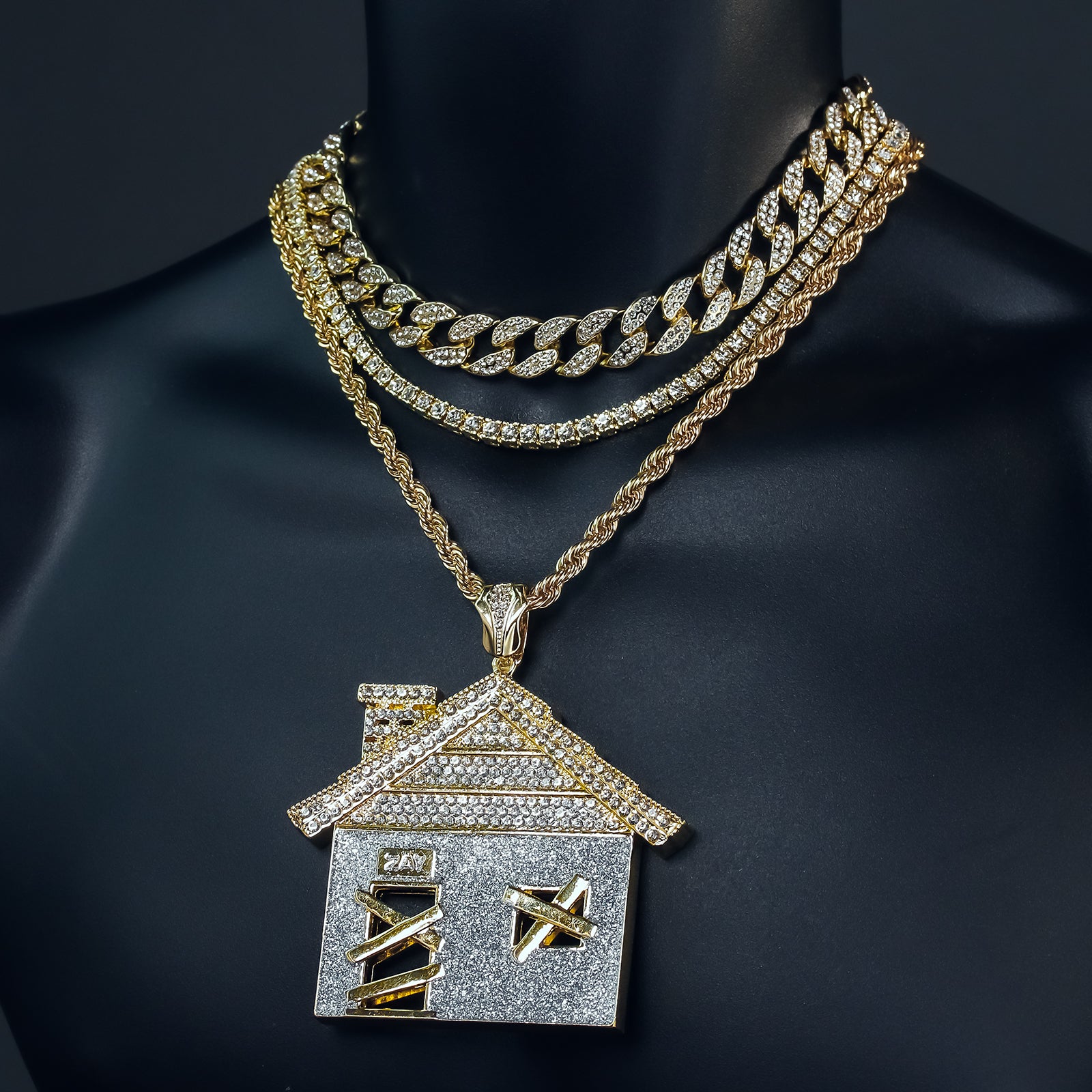 4PC Set – House Stardust Pendant with Gold CZ Cuban, Tennis & Rope Chains