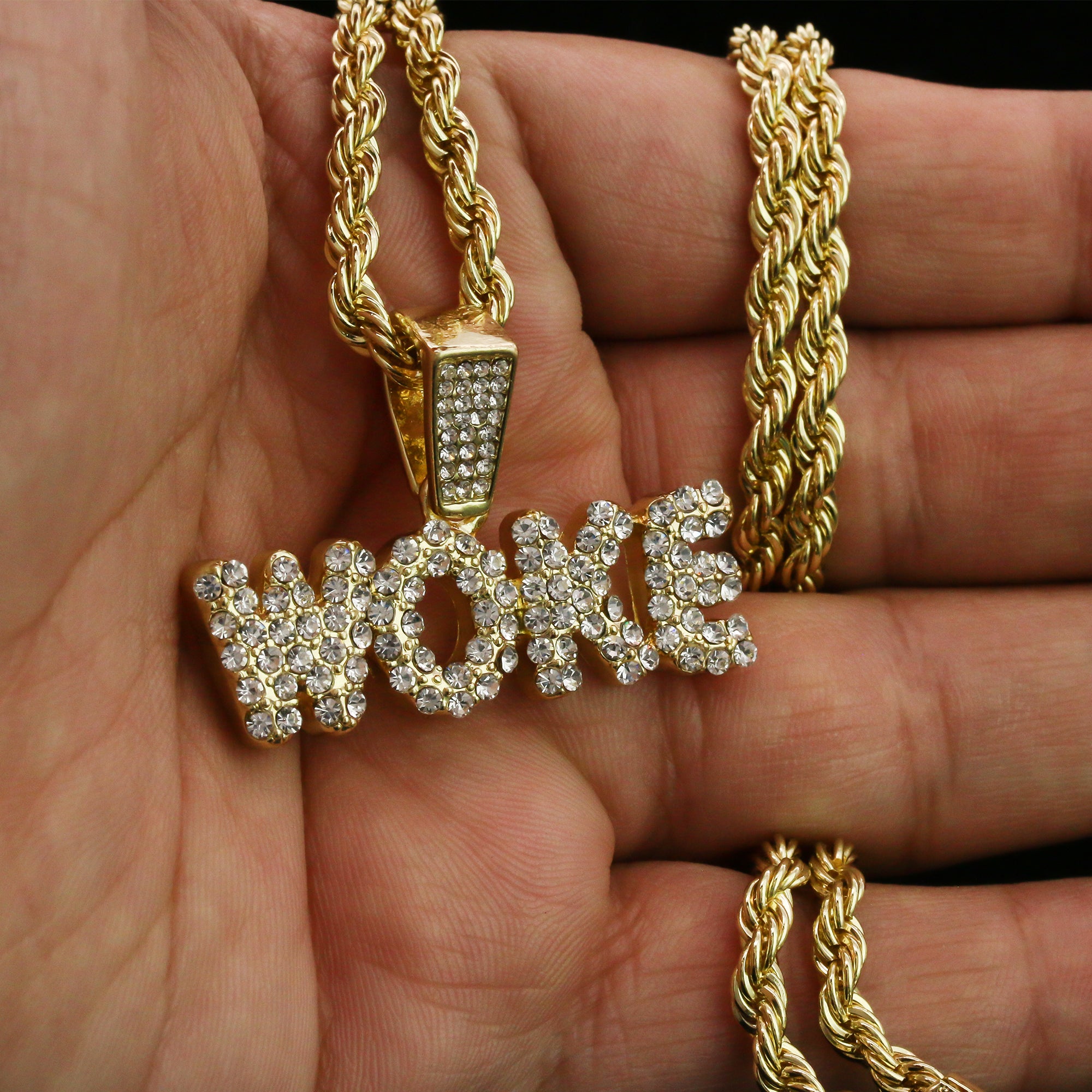 WOKE Letter Pendant Rope Chain Men's Hip Hop 18k Cz Jewelry Choker Necklace