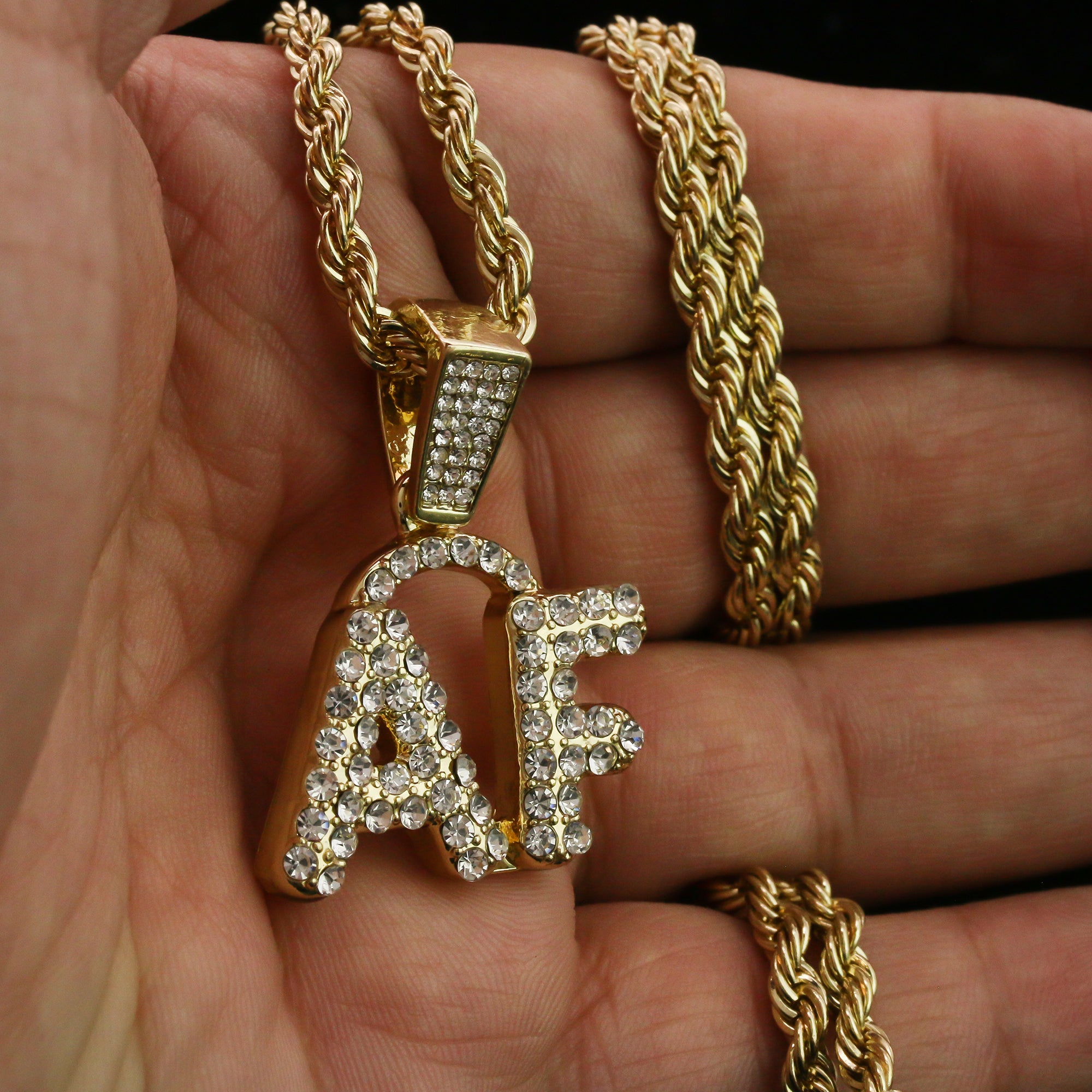 AF Curve Letter Pendant Rope Chain Men's Hip Hop 18k Cz Jewelry Necklace