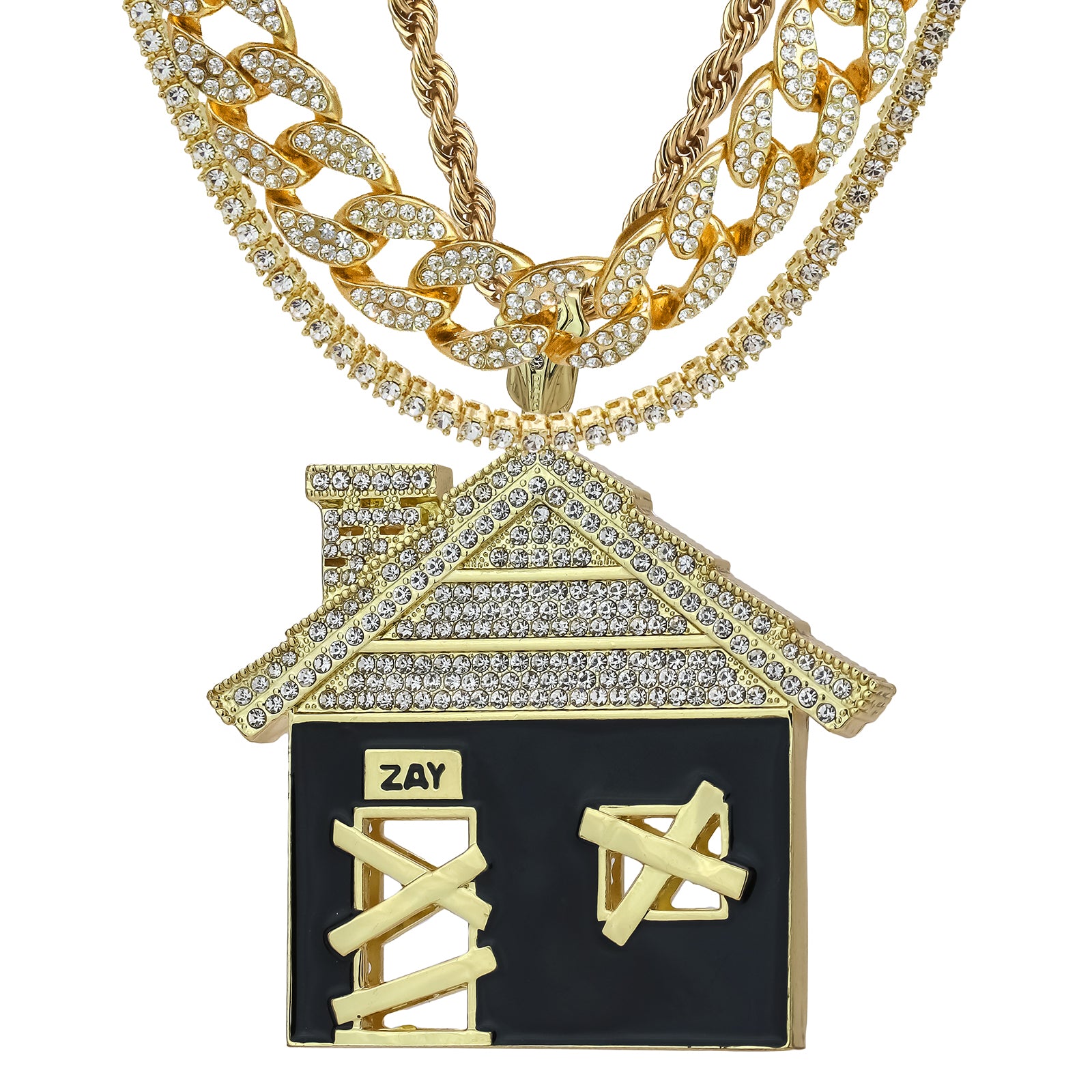 4PC Set – House BK Pendant with Gold CZ Cuban, Tennis & Rope Chains