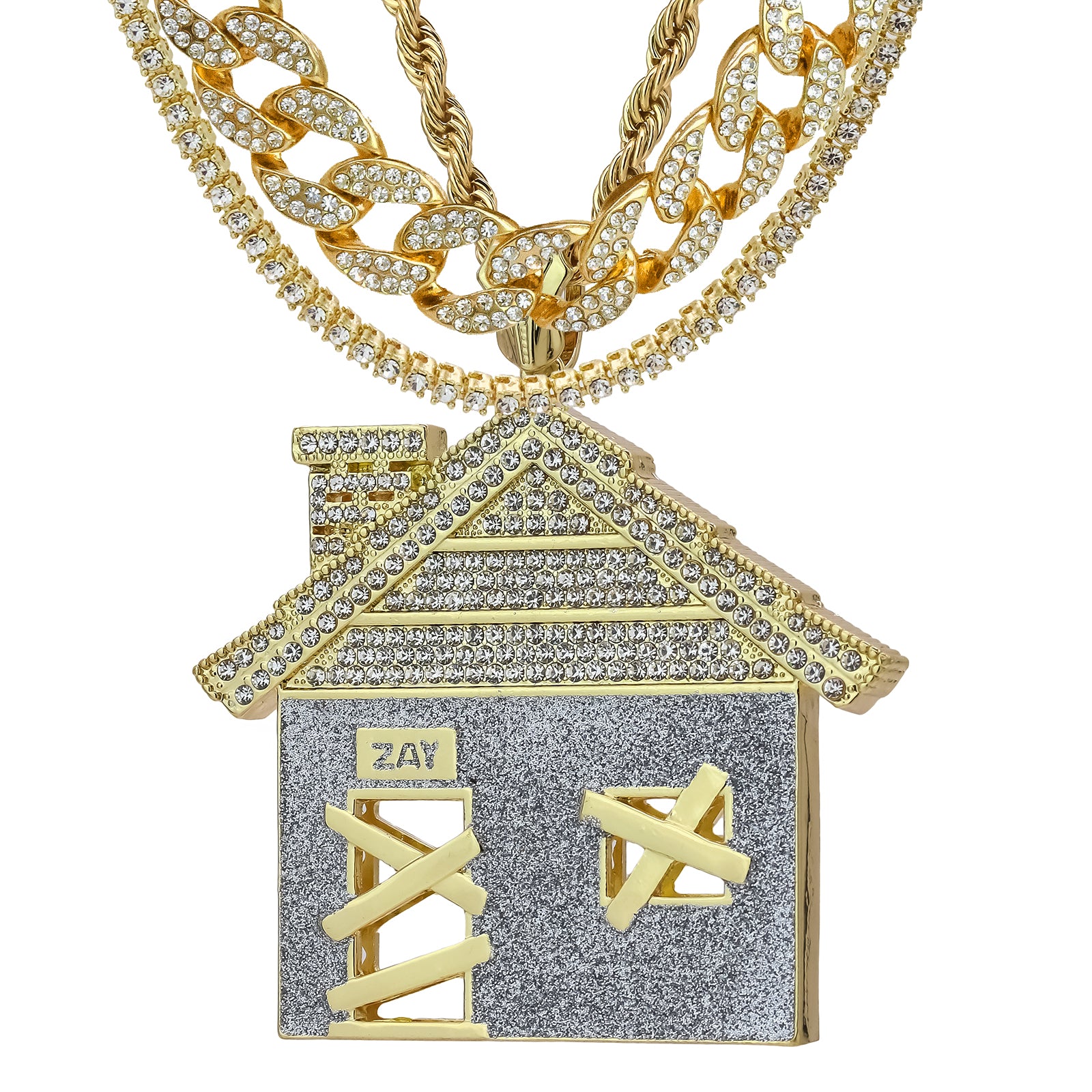 4PC Set – House Stardust Pendant with Gold CZ Cuban, Tennis & Rope Chains