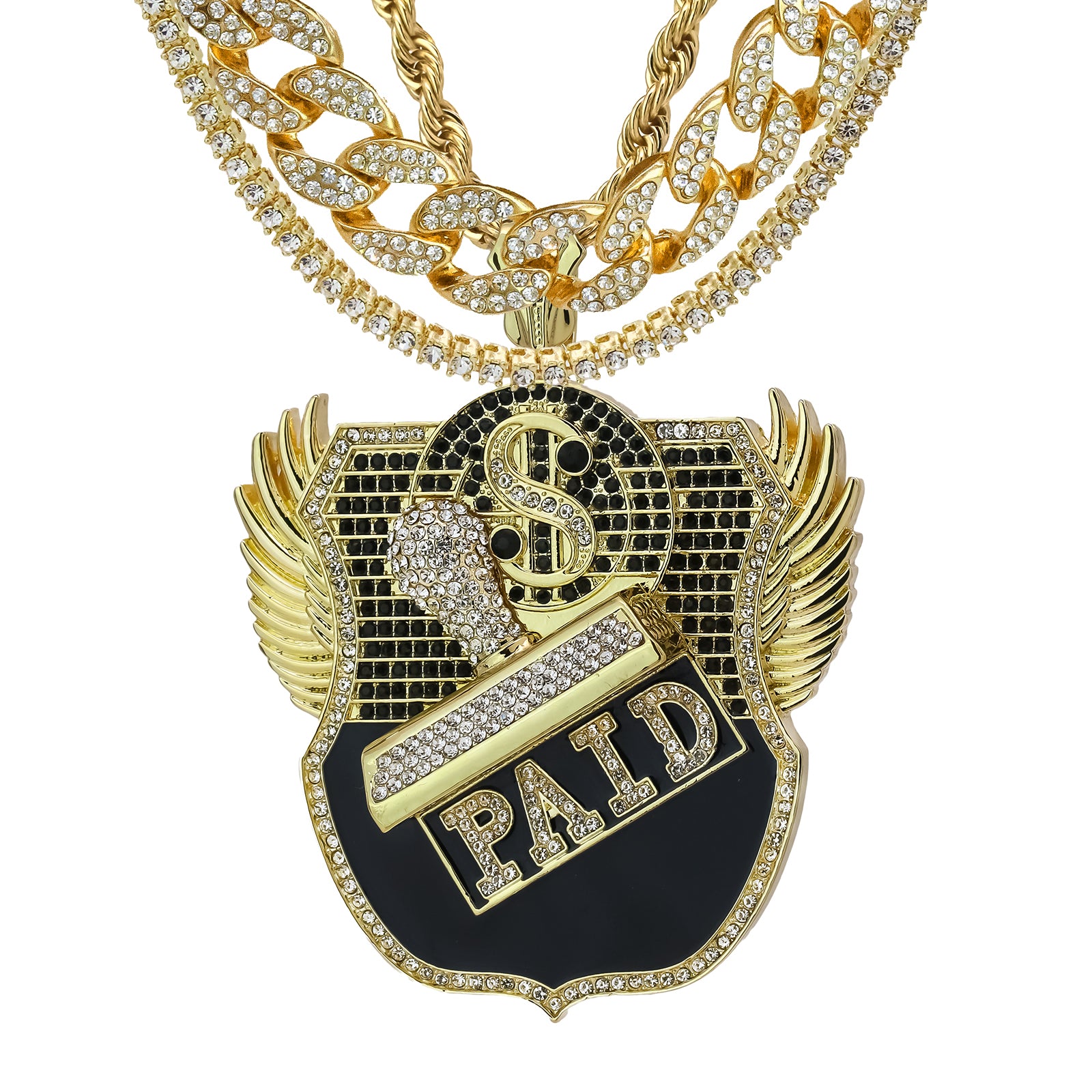 4PC Set – Paid Stamp Pendant with Gold CZ Cuban, Tennis & Rope Chains