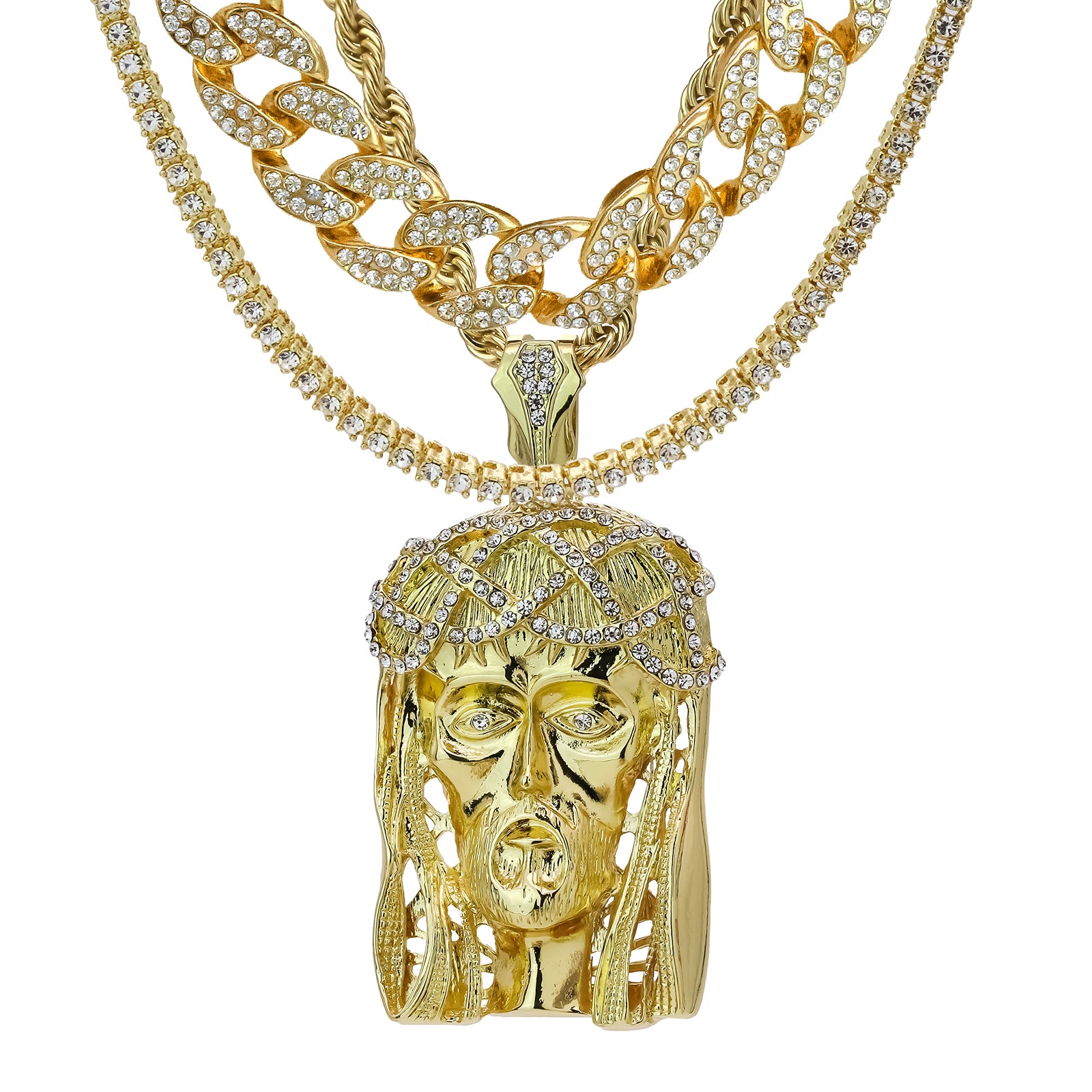 Jesus Face Crown 4 Pcs Set Clear Cz Cuban, Tennis & Rope Chain Bundle Gold PT