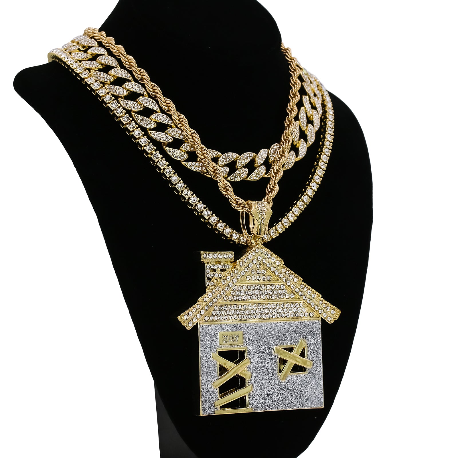 4PC Set – House Stardust Pendant with Gold CZ Cuban, Tennis & Rope Chains