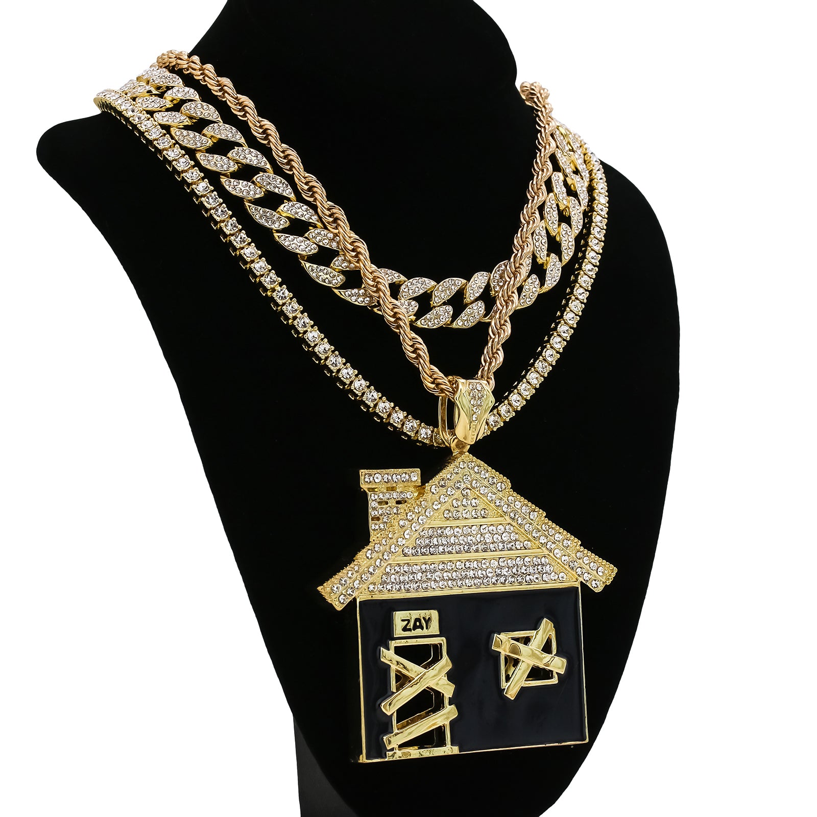 4PC Set – House BK Pendant with Gold CZ Cuban, Tennis & Rope Chains