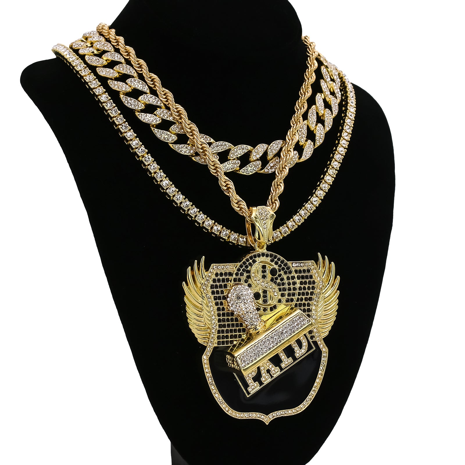 4PC Set – Paid Stamp Pendant with Gold CZ Cuban, Tennis & Rope Chains