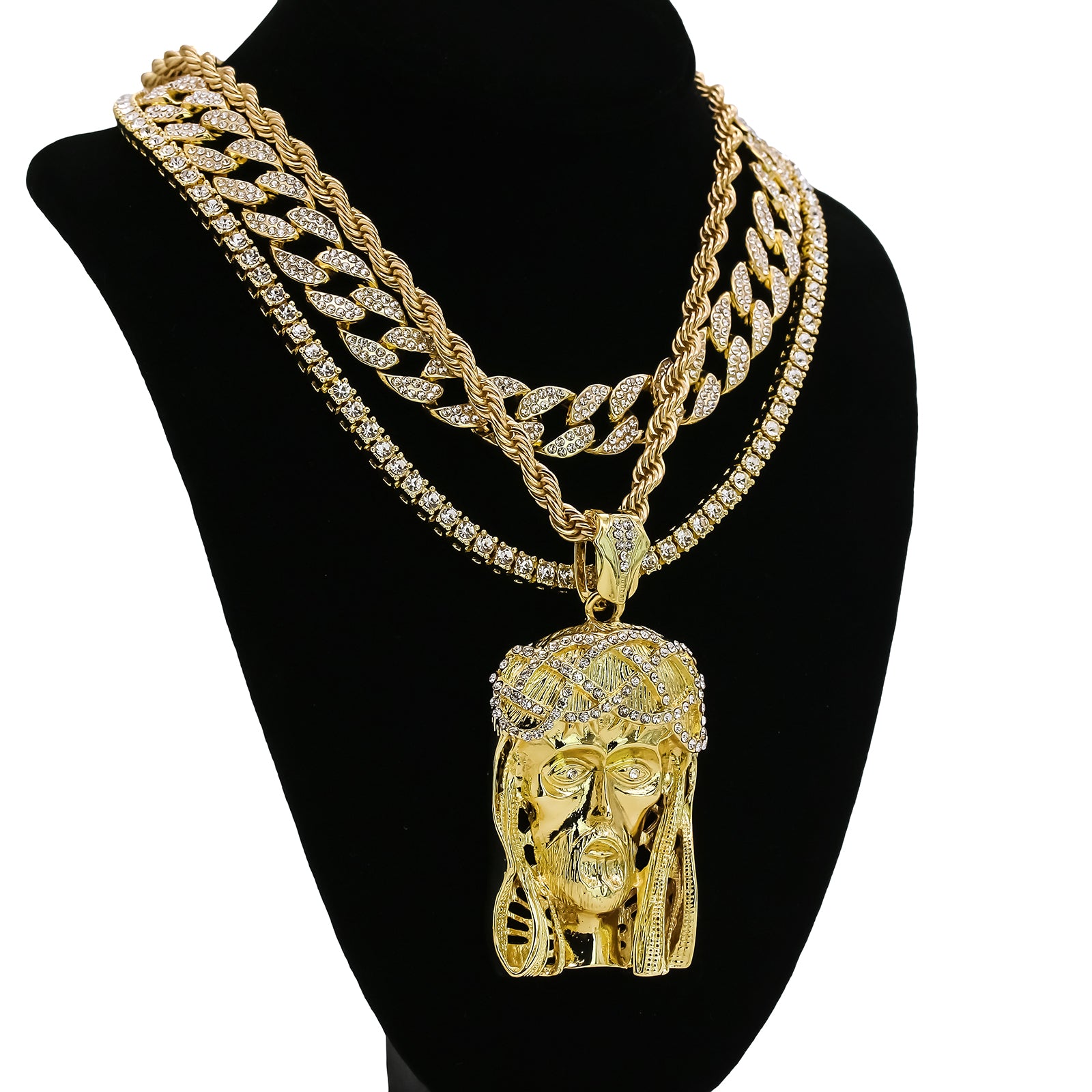 Jesus Face Crown 4 Pcs Set Clear Cz Cuban, Tennis & Rope Chain Bundle Gold PT