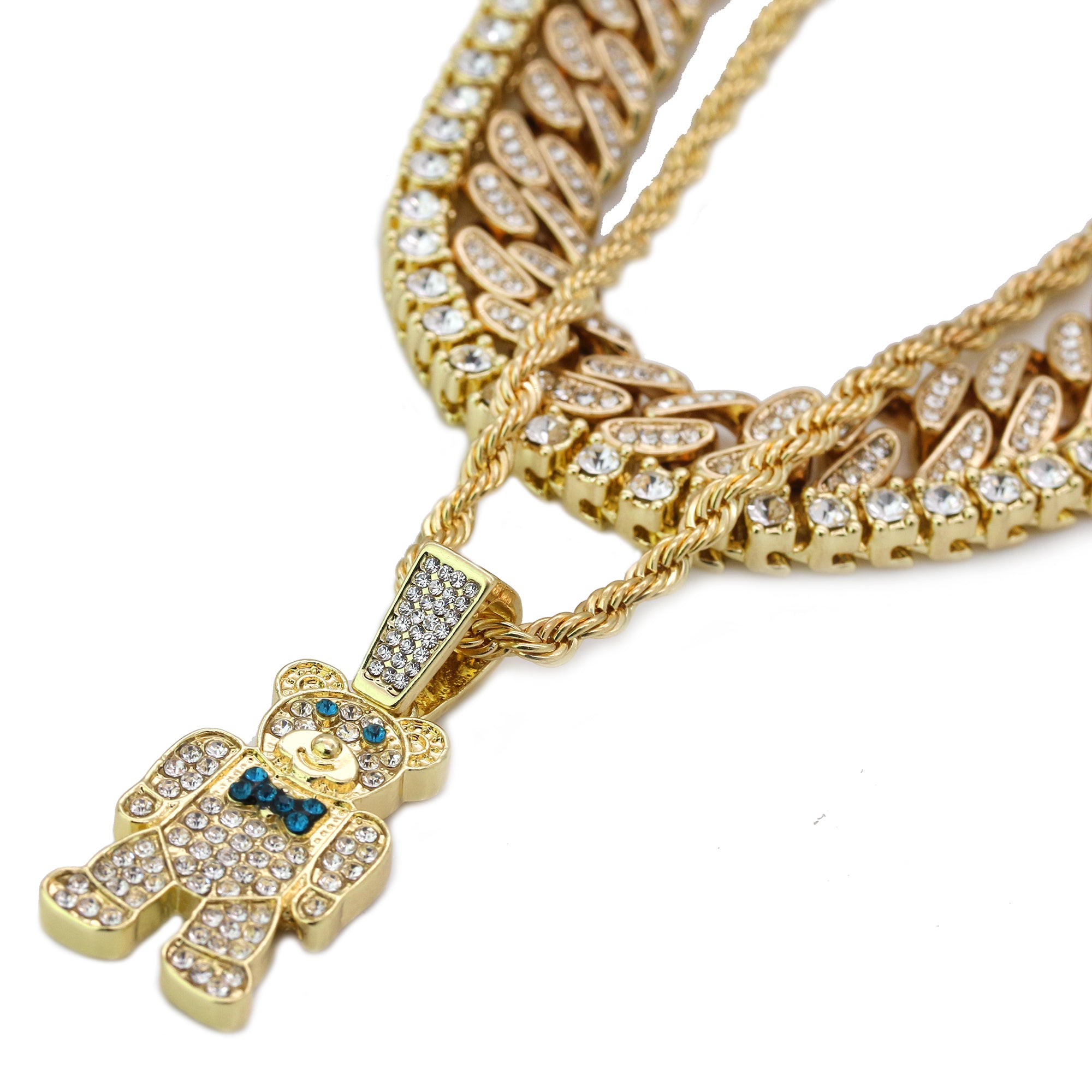 High Fashion Gold Plated 20" Fully Cz Cuban Tennis Chains & Bear Tie Pendant