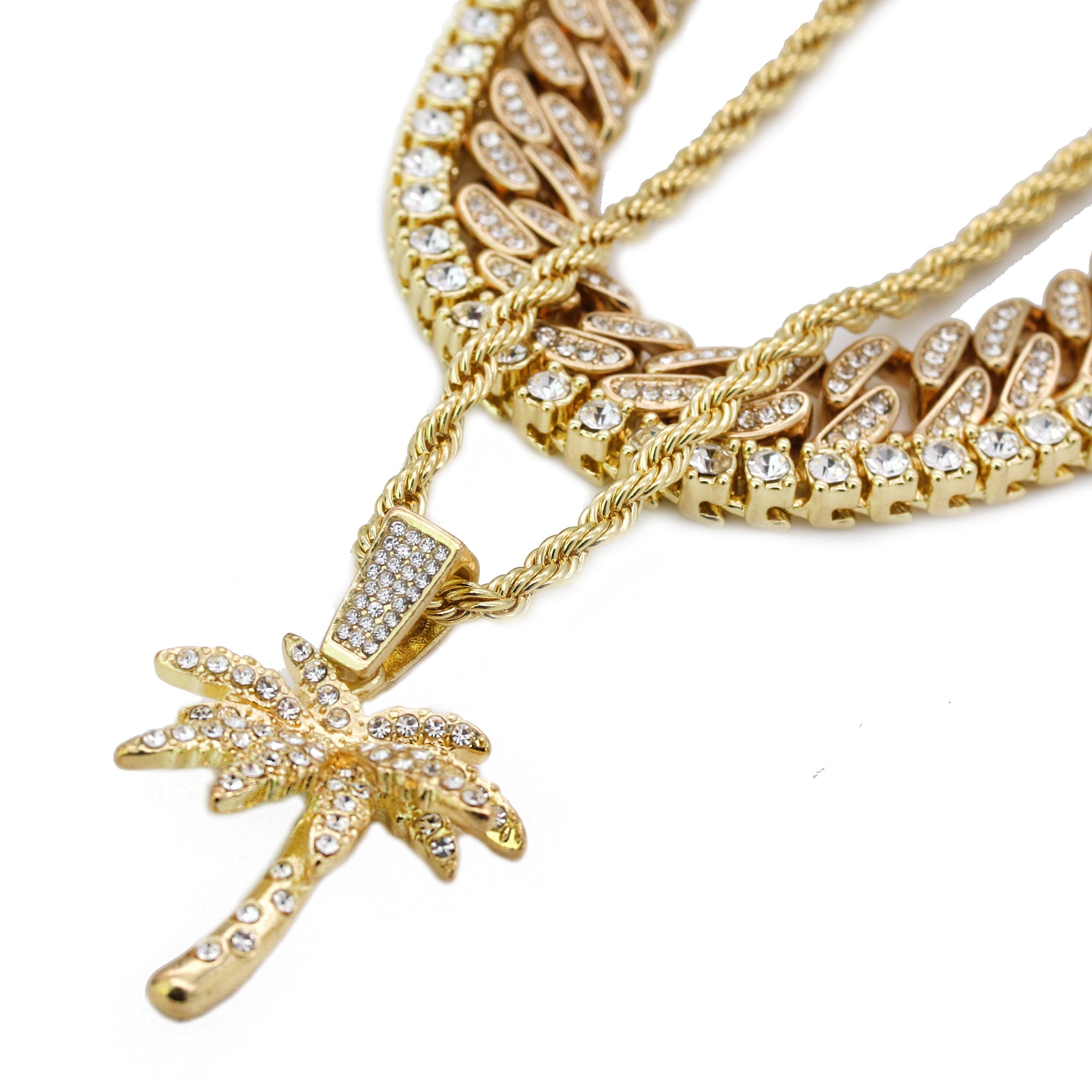 High Fashion Gold Plated 20" Fully Cz Cuban Tennis Chains & West Coast Palm Tree Pendant