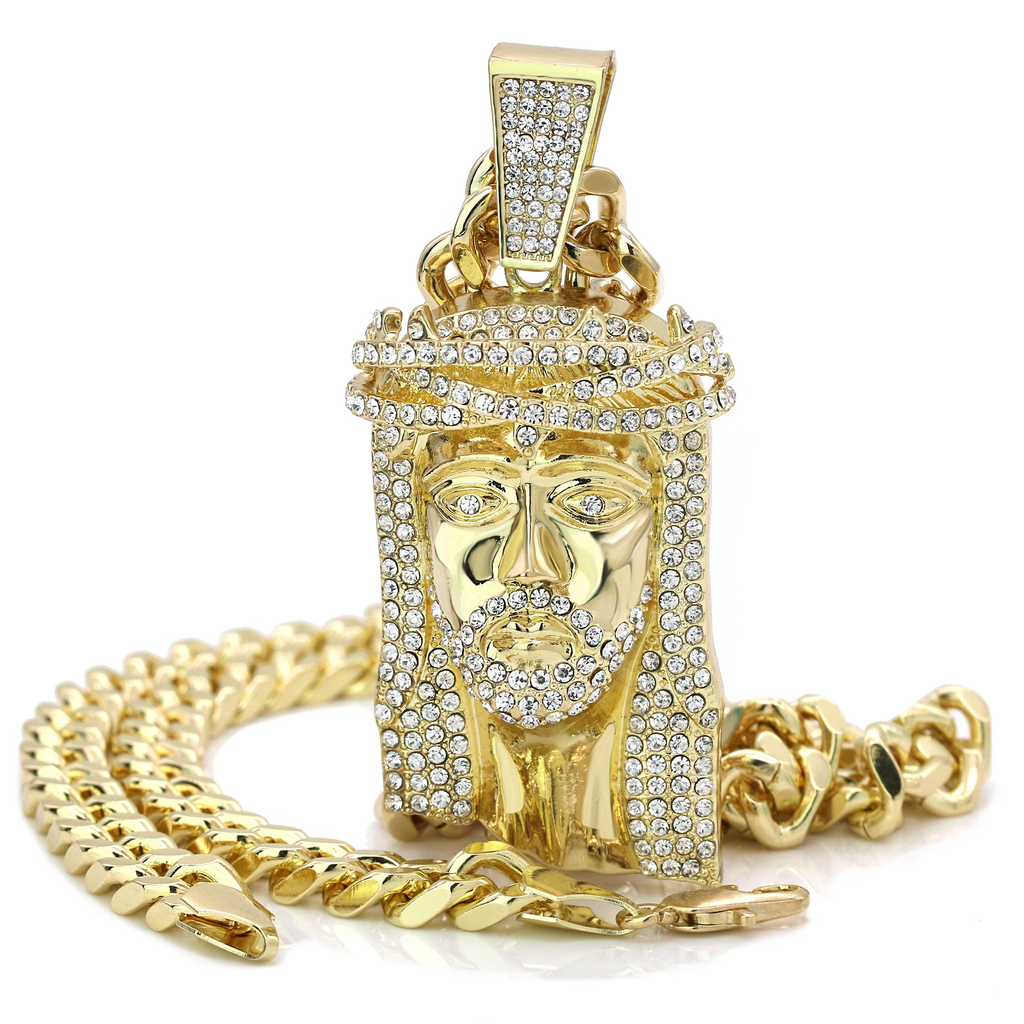 Thorn Crown Jesus Face Pendant with 30" Miami Cuban Link Chain – 10mm Gold-Plated Hip Hop Necklace