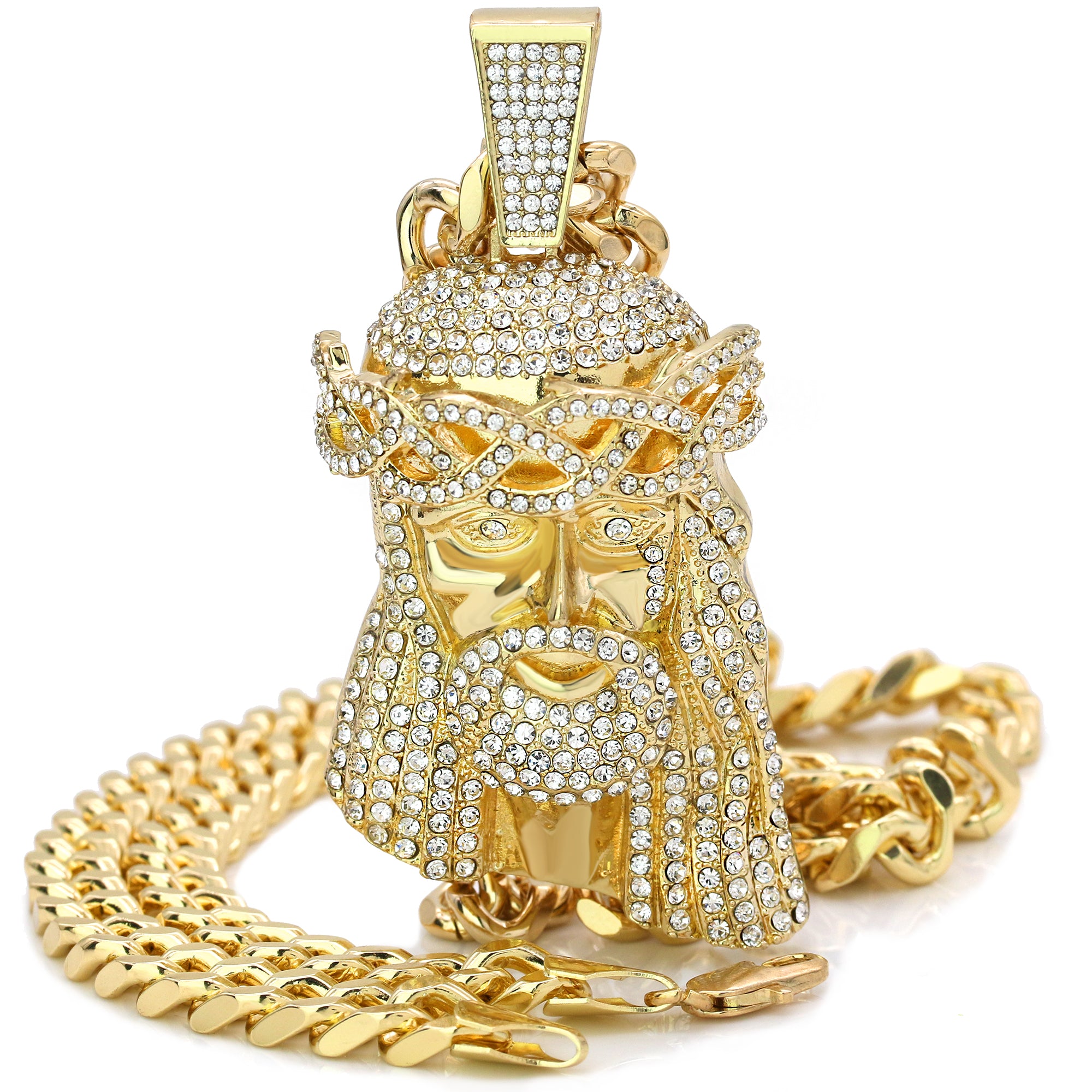 Tear Jesus Face Pendant with 30" Miami Cuban Link Chain – 10mm Gold-Plated Hip Hop Necklace