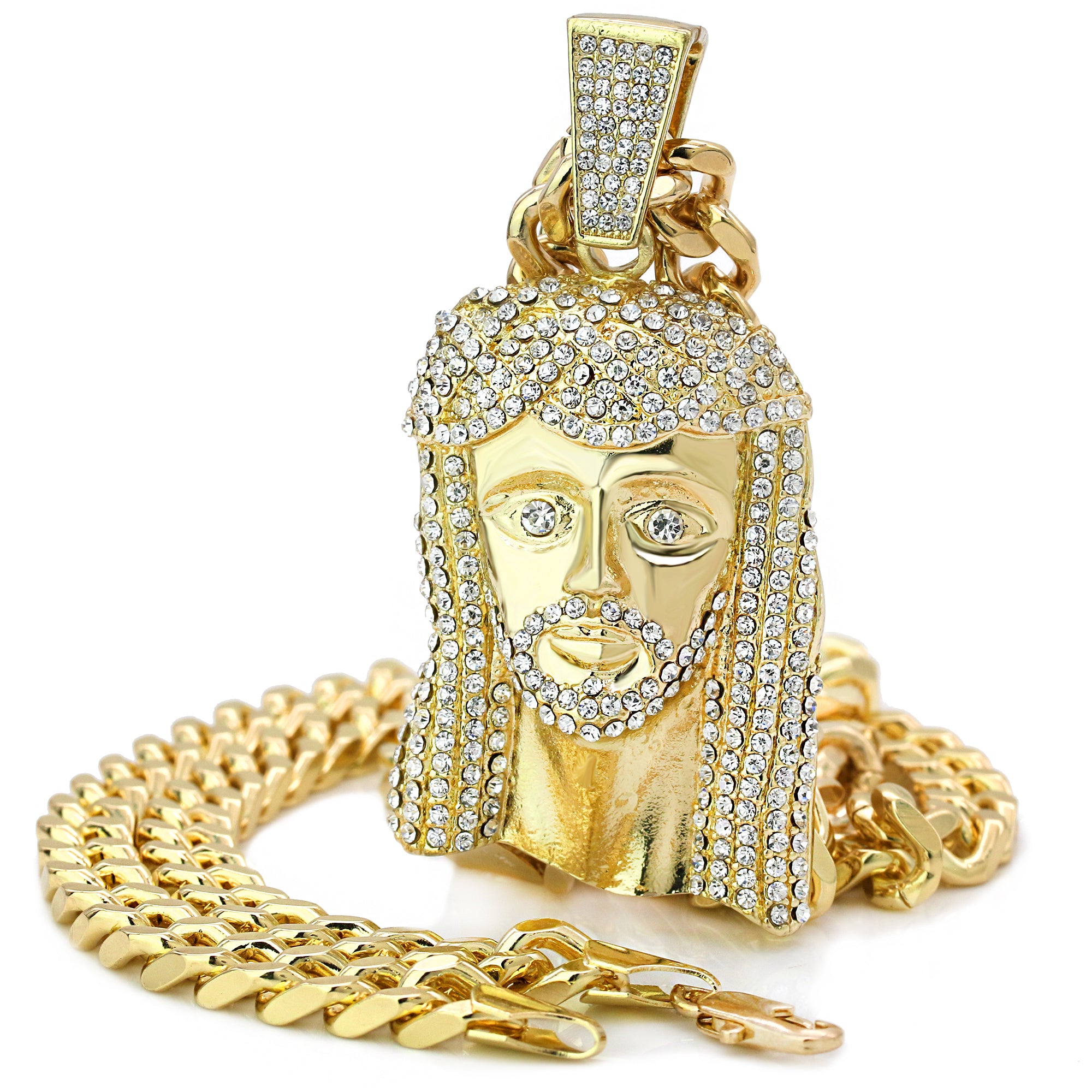 Iced Jesus Peace Face Pendant with 30" Miami Cuban Link Chain – 10mm Gold-Plated Hip Hop Necklace