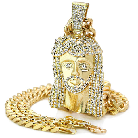 Iced Jesus Peace Face Pendant with 30" Miami Cuban Link Chain – 10mm Gold-Plated Hip Hop Necklace