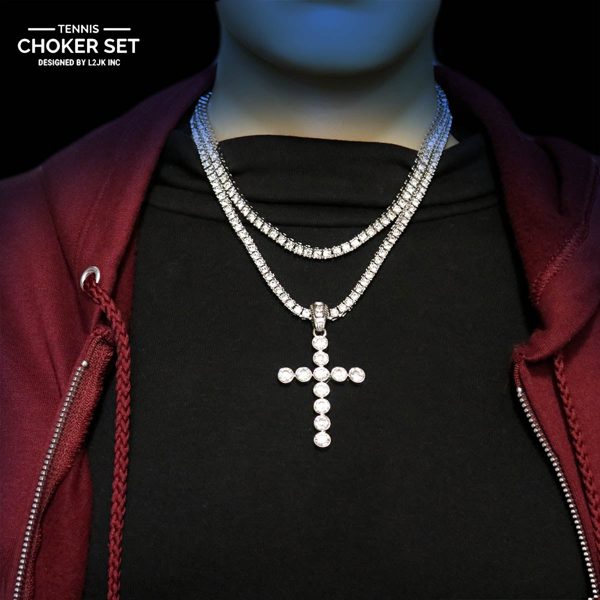 White GOLD TENNIS CHAIN 18" 20" Cross Latin Pendant Bundle
