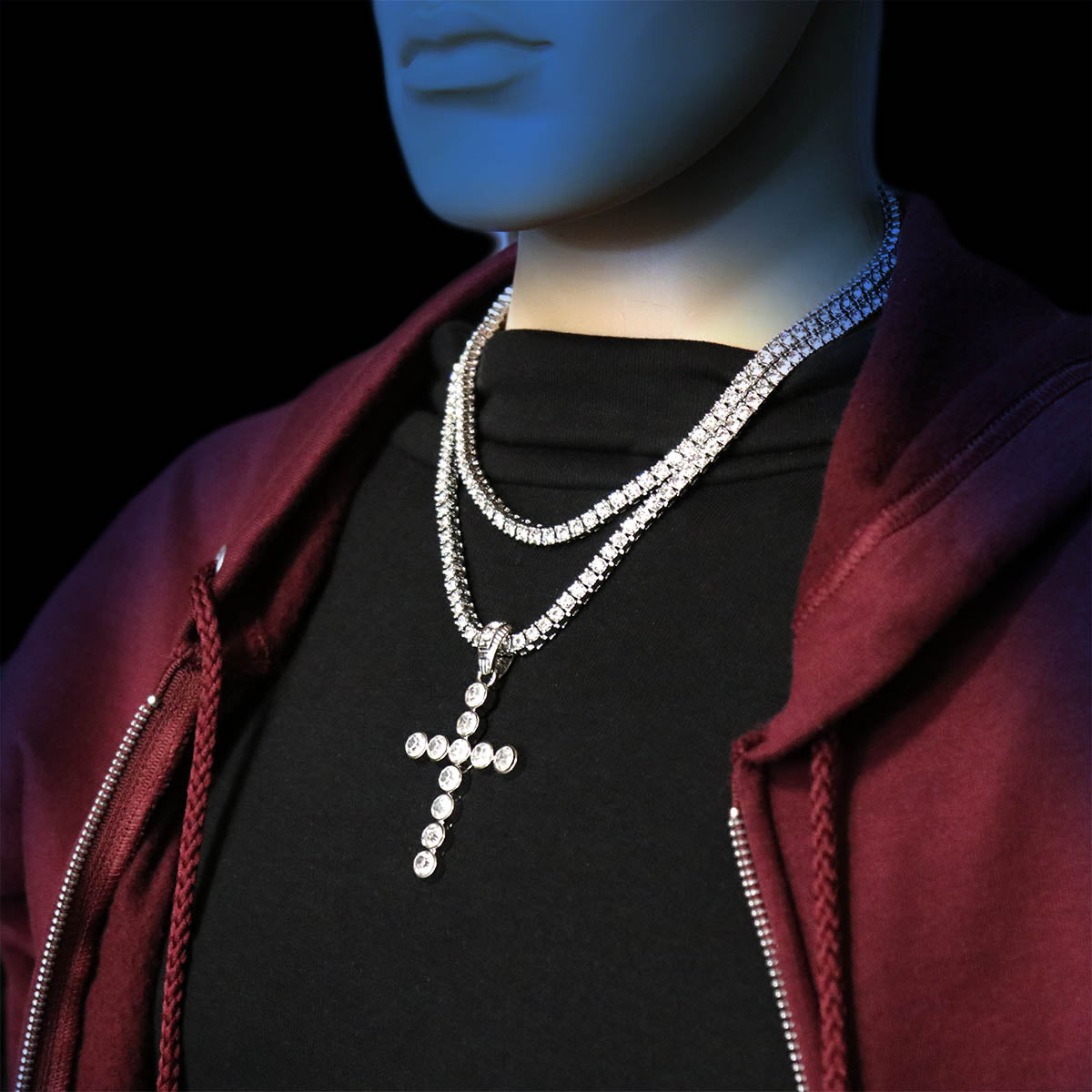 White GOLD TENNIS CHAIN 18" 20" Cross Latin Pendant Bundle