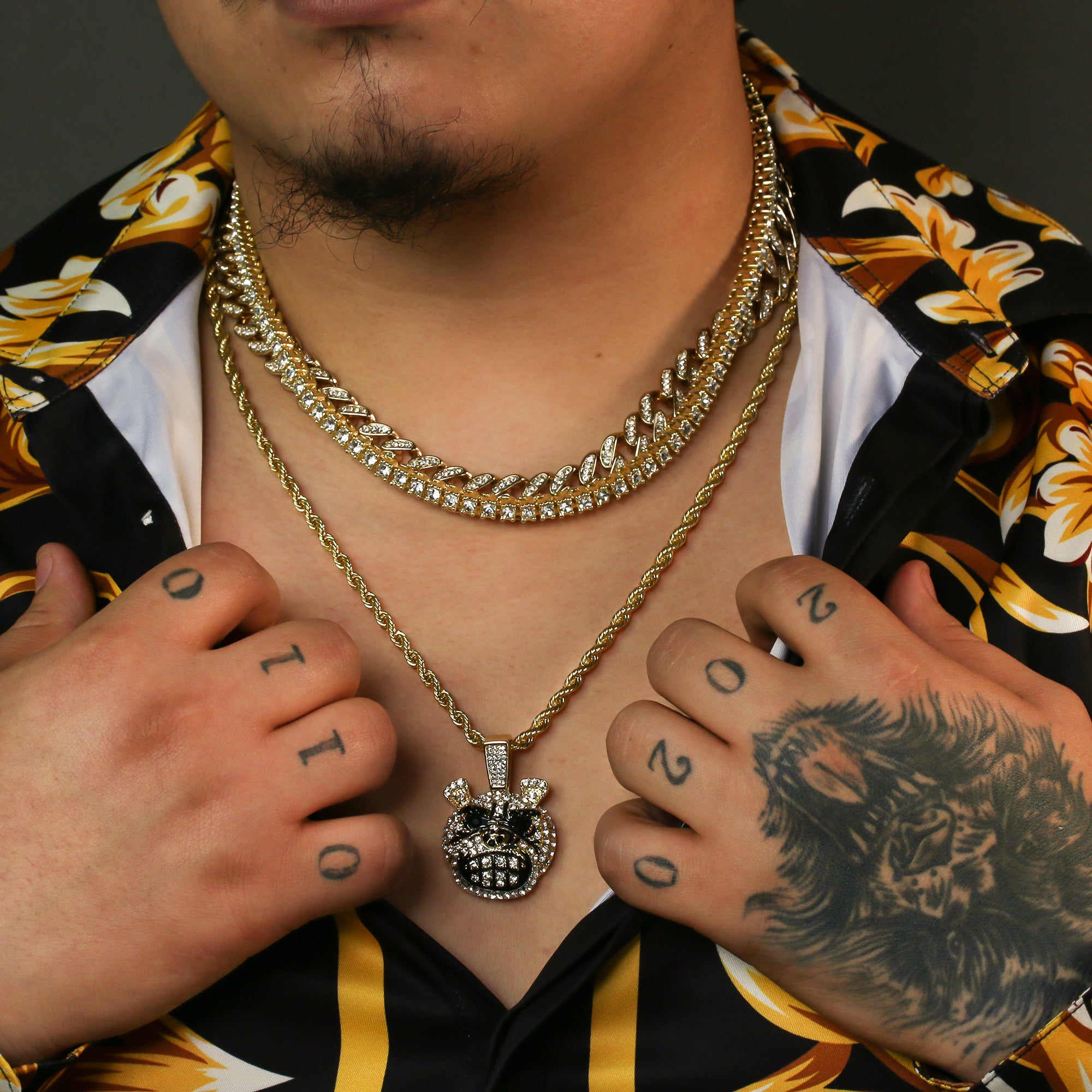 High Fashion Gold Plated 20" Fully Cz Cuban Choker Tennis Chains & Mad Face Dog Pendant